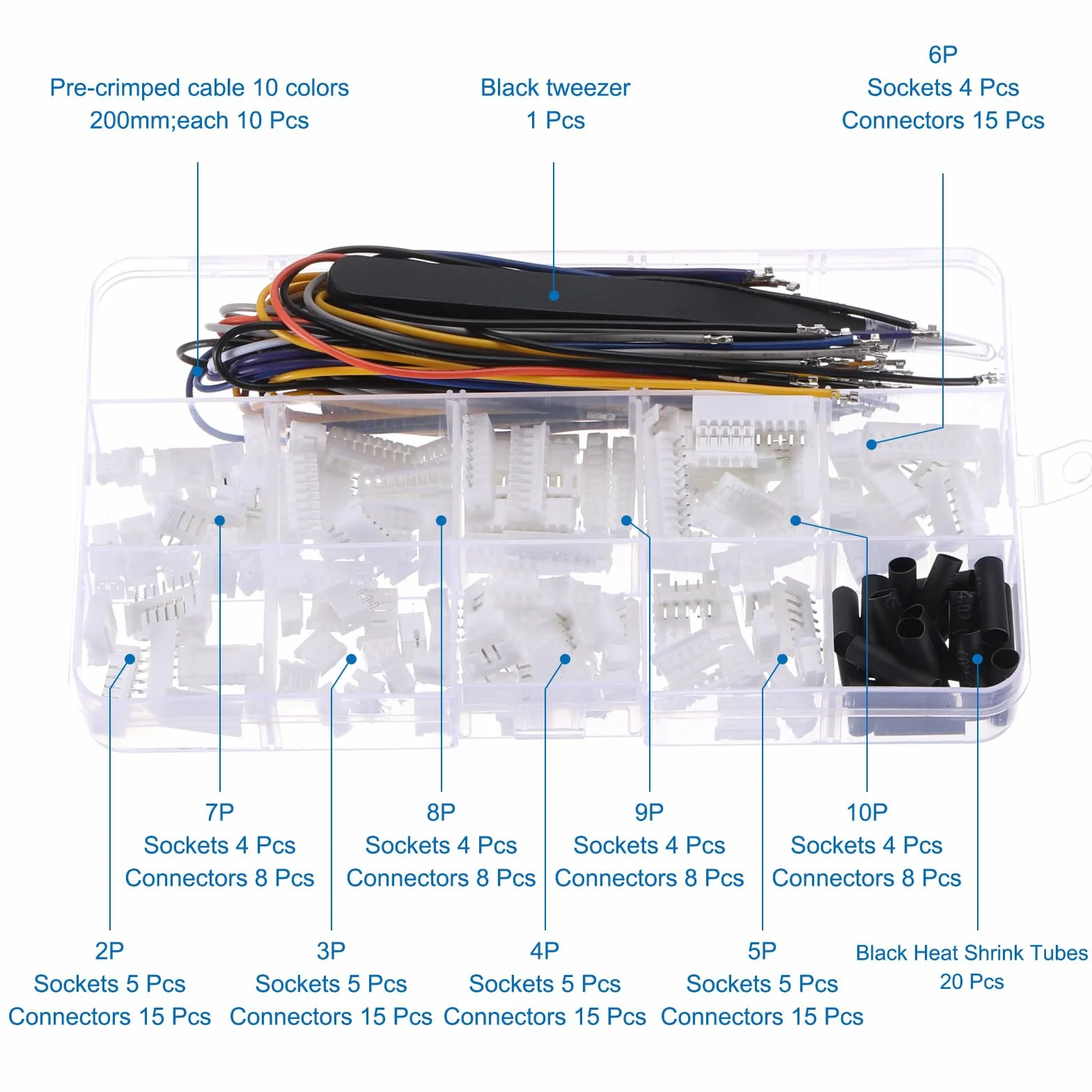 QUARKZMAN 240 sztuk złącza JST-XH, 2/3/4/5/6/7/8/9/10 Pin żeński męski pin-header, 2,54 mm odstęp gniazdo adapter z 22AWG 300 mm zgnieciony przewodnik kablowy