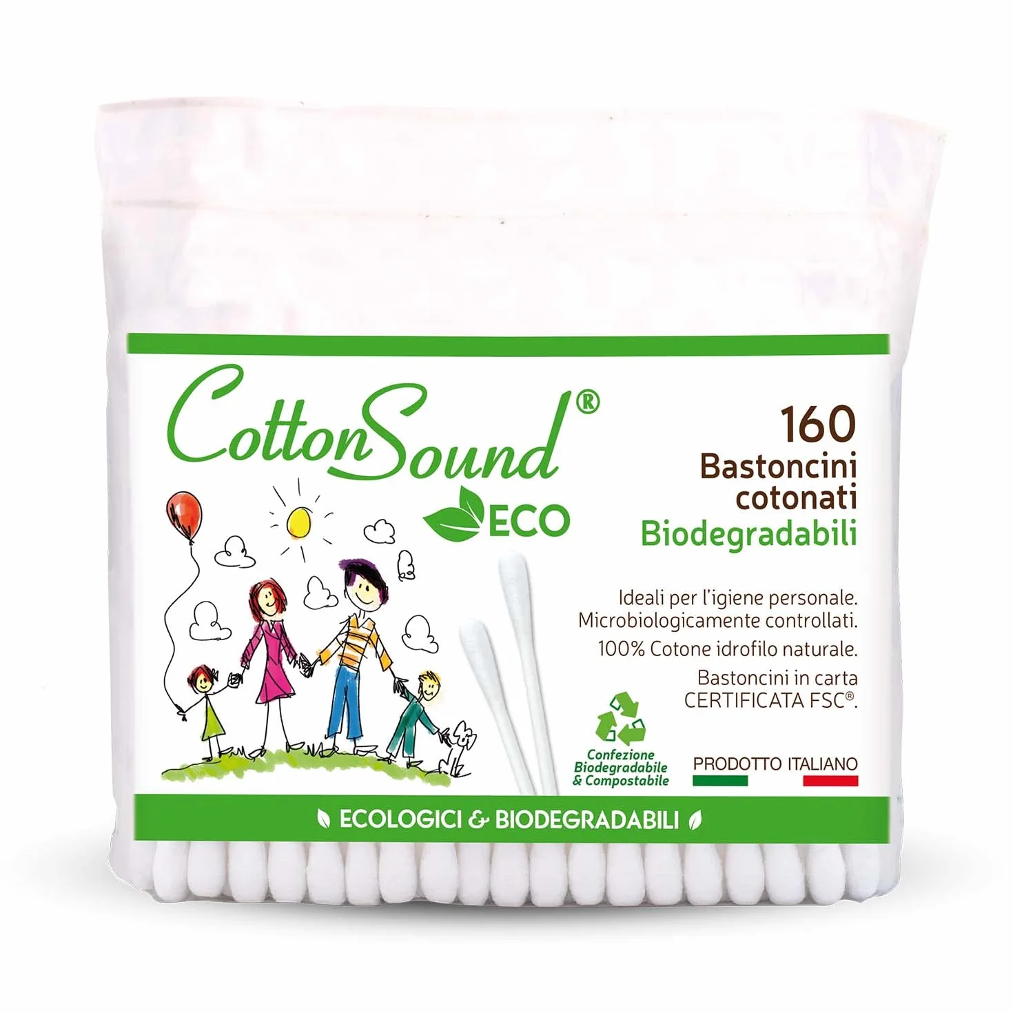COTTON SOUND Torba na patyczki bawełniane ECO 1 opakowanie x 160 sztuk, przyjazne dla środowiska i biodegradowalne pałeczki bawełniane, 100% czysta bawełna hydrofilowa, torba kompostowalna, wyprodukowana we Włoszech