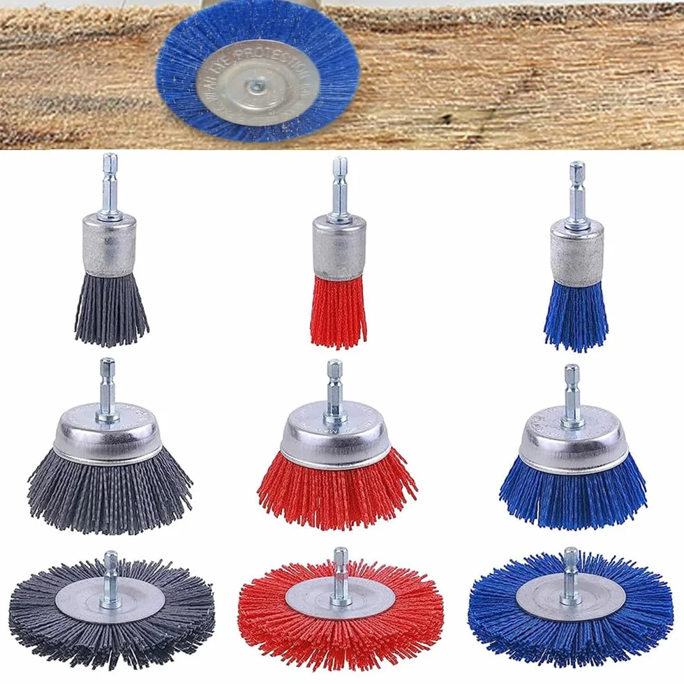 9 sztuk nylonowych szczotek z sześciokątnym trzonkiem 1/4", szczotka nylonowa, zestaw wierteł, szczotki do garnków, szczotka szlifierska do usuwania rdzy, korozji/farby (Ø 25 mm/ø 75 mm)
