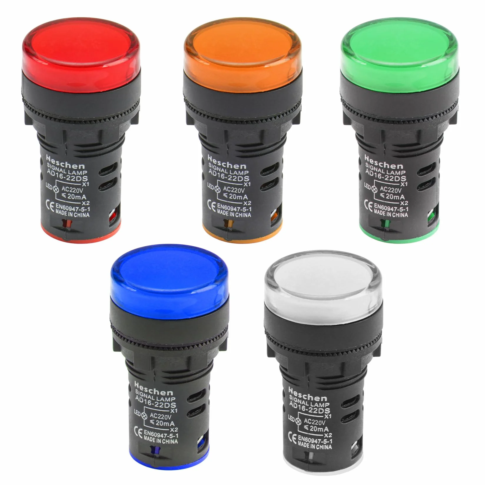 Heschen Wskaźnik LED 22 mm AD16-22D/S 220VAC 20mA czerwony zielony żółty niebieski biały kolor światła 5-pak