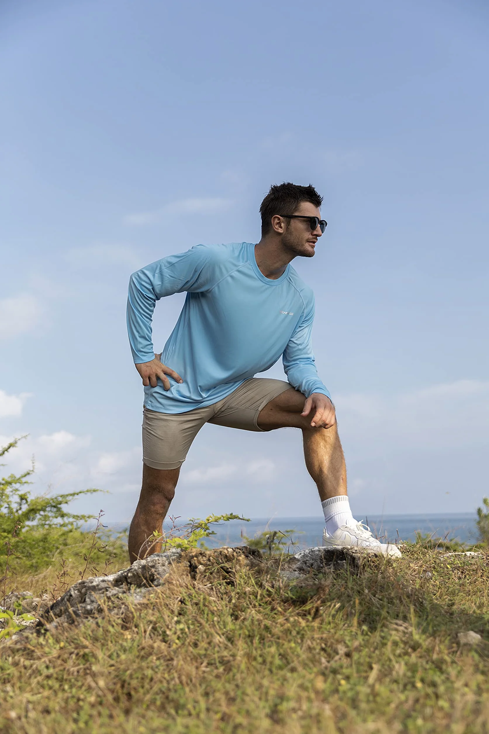 ZENGVEE Męskie koszule kąpielowe UPF 50+, outdoorowe, z długim rękawem, ochrona przed słońcem, koszulki treningowe do uprawiania sportu, biegania, wędkowania, wędrówek, Biały Niebieski Szary, L