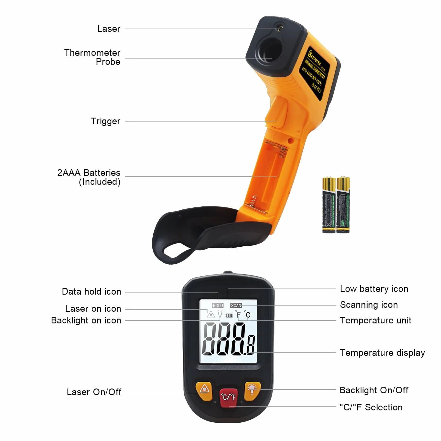 KETOTEK Termometr na podczerwień, Termometr laserowy na podczerwień Pistolet do pomiaru temperatury -50℃~400℃ Cyfrowy bezkontaktowy do gotowania żywności/grillowania/zamrażania/lodówki/mięsa