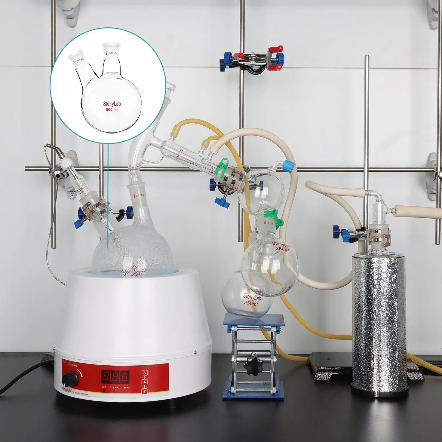 StonyLab szklana kolba okrągłodenna 250 ml 2 szyjka 19/22 stożek zewnętrzny