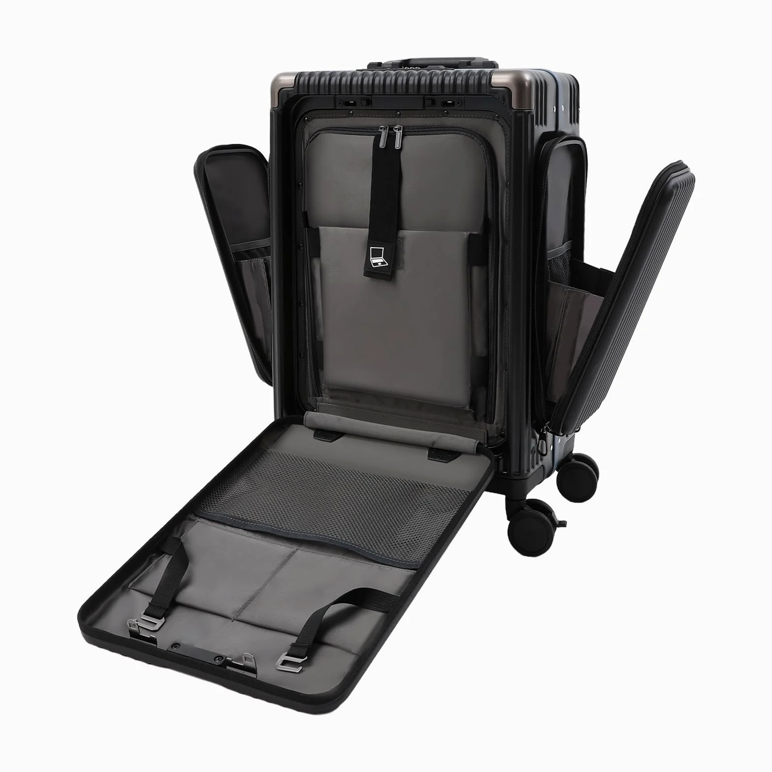 Wielofunkcyjna walizka podróżna na kółkach, trzy otwory, z uchwytem na napoje, zamkiem szyfrowym, portami USB i typu C, nośność ok. 75 kg, czarny, 20 Zoll, Nowoczesny