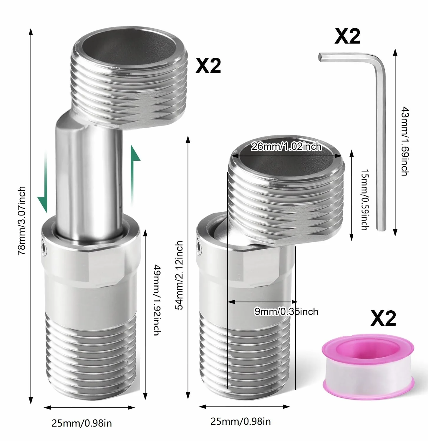 2 sztuki Przyłącze S ze stali nierdzewnej Przyłącze S Obracany o 360° adapter baterii prysznicowej 2 kluczy imbusowych do kuchni łazienki