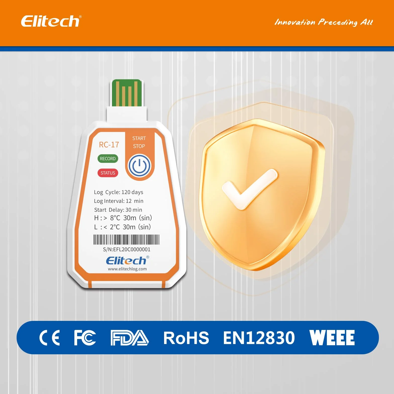 Elitech RC-17 Jednorazowy rejestrator temperatury USB 180 dni ciągłe nagrywanie 16000 rekordów w zakresie żywności leczniczej i łańcuchów chłodzących ze szczepionką, funkcja alarmu, ochrona IP67