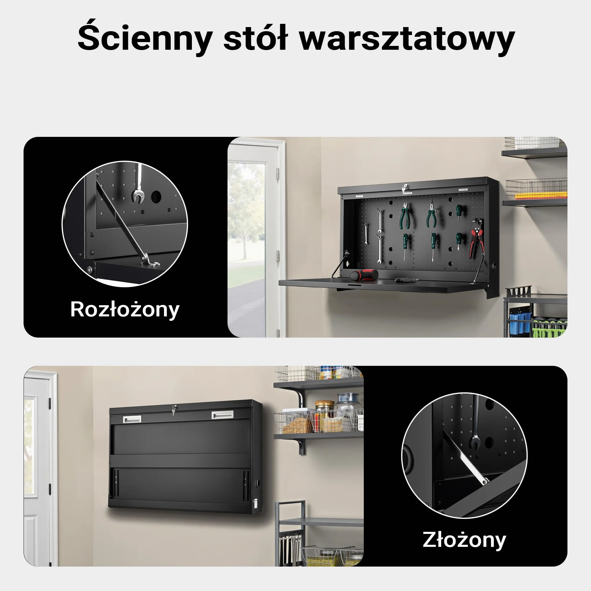Wiltec Składany stół warsztatowy do 50 kg nośności z blatem 905 x 515 mm, wisząca szafka na ścianie z tablicą warsztatową na narzędzia