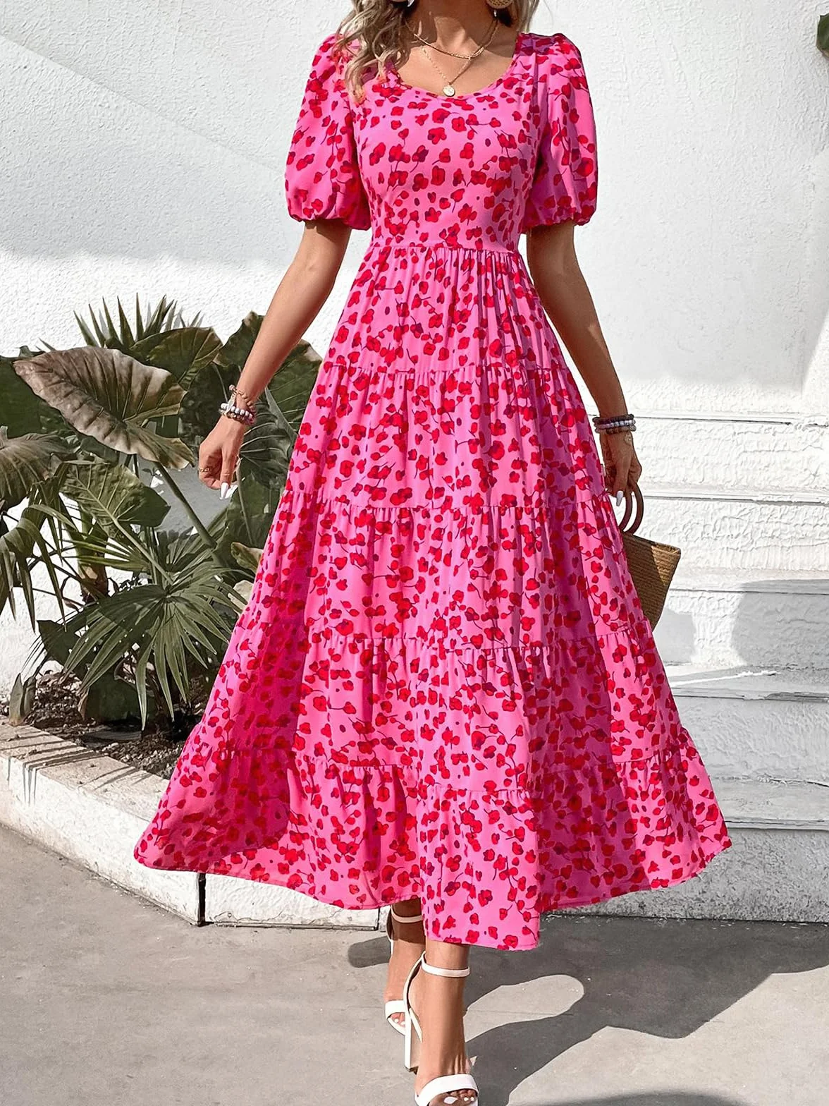 PRETTYGARDEN Womens Dresses Summer 2025 Puff Sleeve Plus Size Maxi Dress for Women Beach Vacation Flowy Long Sun Dress (Floral Rose Red,X-Large)