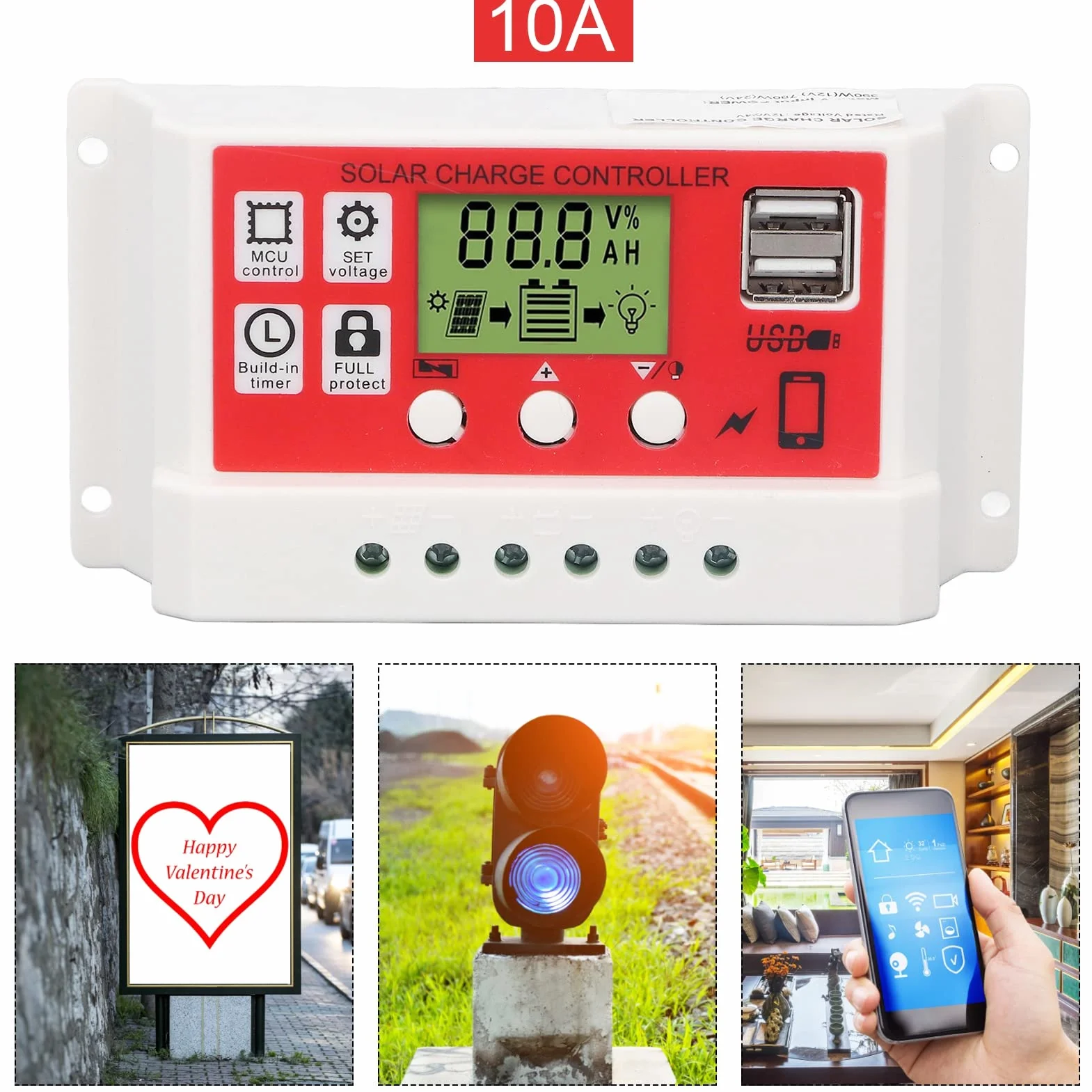 Podwójny Regulator ładowania Słonecznego USB, Inteligentny Regulator 30A z Wyświetlaczem LCD do Baterii Panelu Słonecznego, Regulowany (10A)