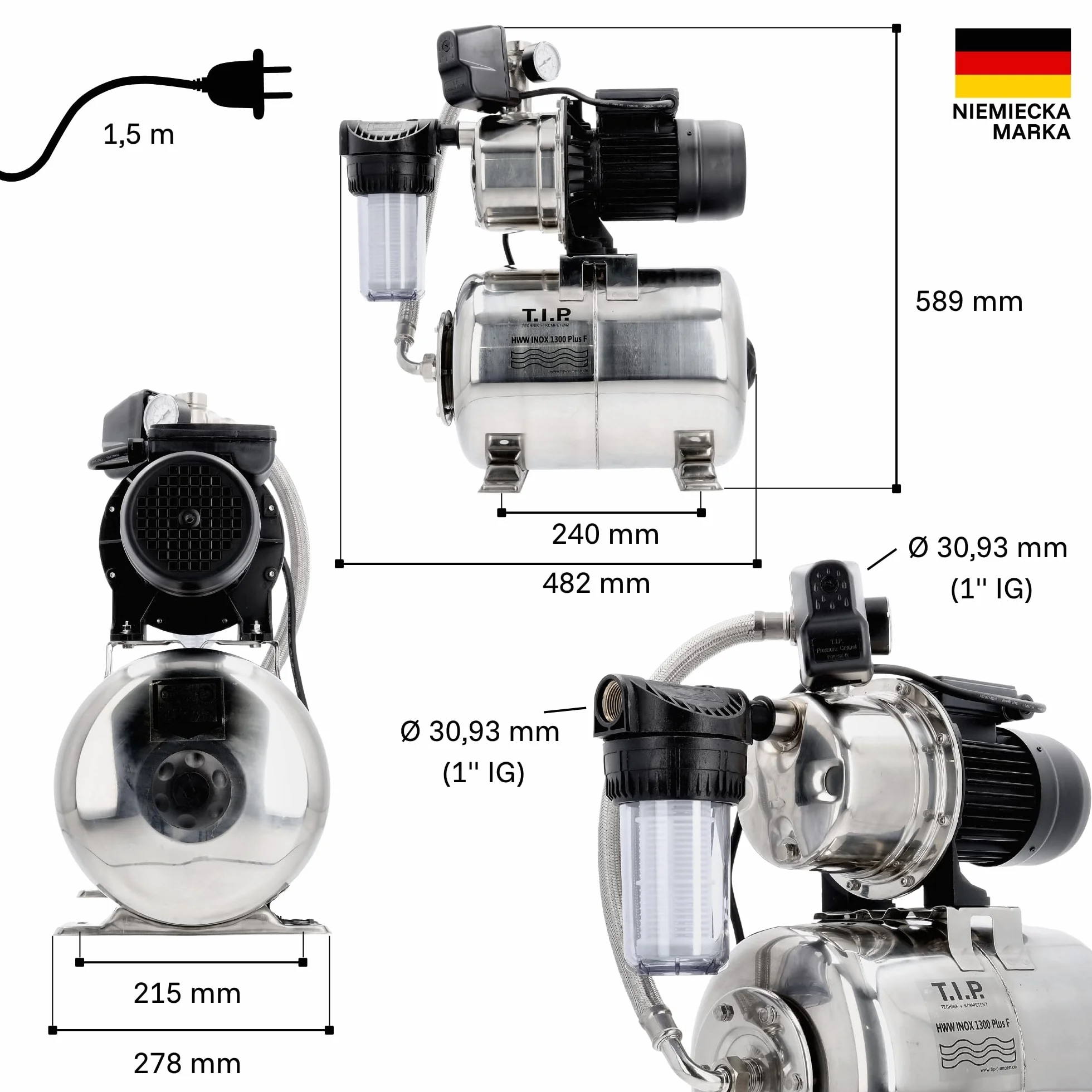 T.I.P. Hauswasserwerk HWW INOX 1300 Plus F – Edelstahl, 1200W, pompa strumieniowa, 4350 l/h, 50m, filtr wstępny, bezkonserwacyjna, ochrona termiczna