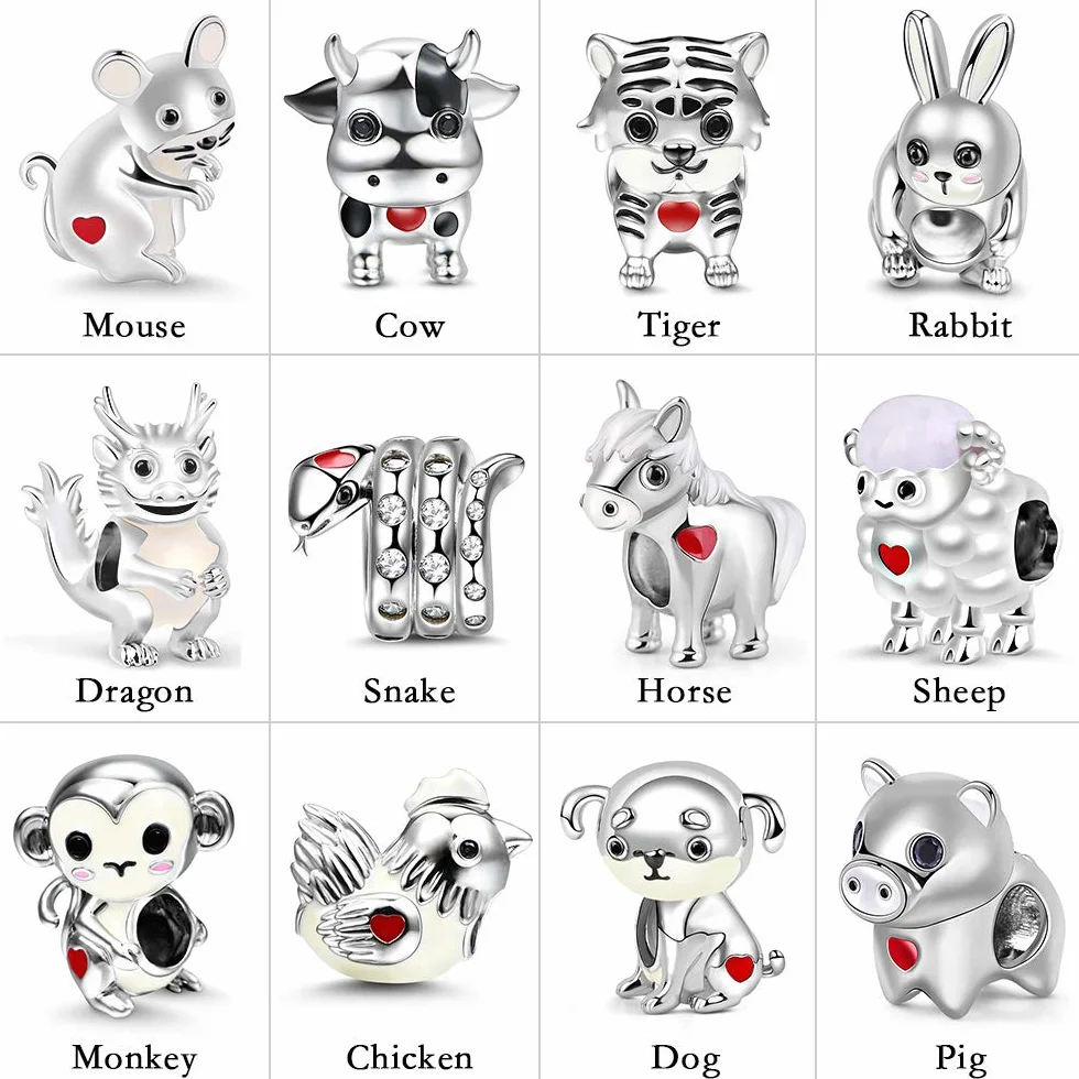 GNOCE Zwierzę zawieszka koralik srebro wysokiej próby znaki zodiaku zawieszka koralik dopasowanie bransoletka/naszyjnik biżuteria prezent dla kobiet mężczyzn e Srebro, cod. No