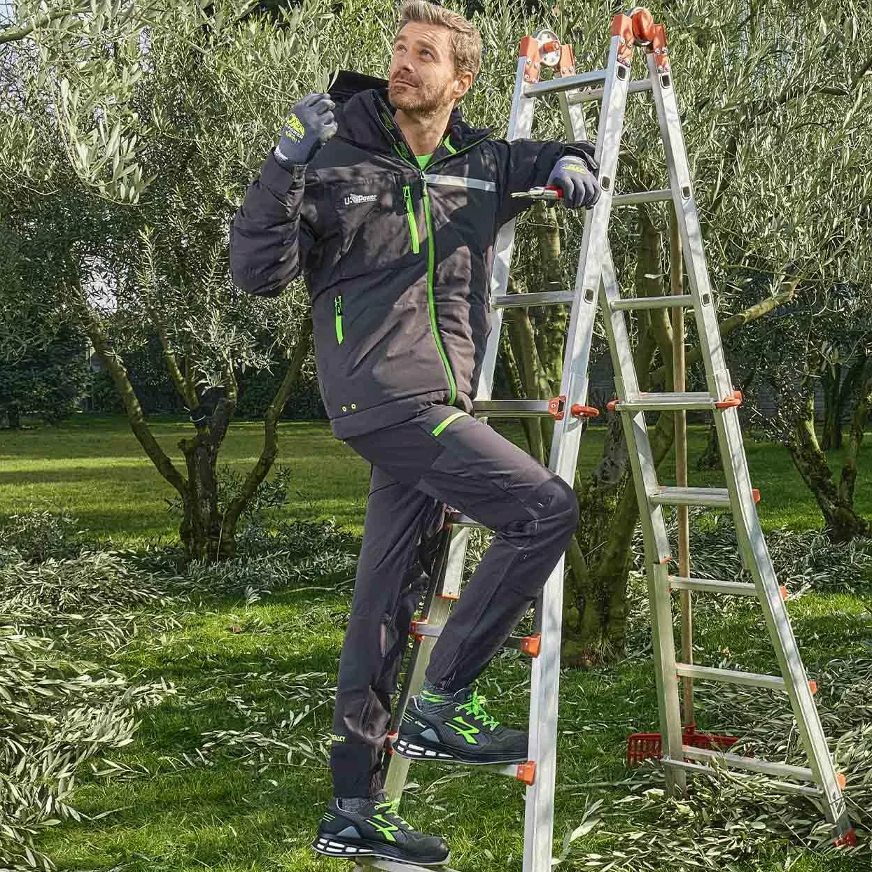 U-Power Don't Worry ... Be Happy! Spodnie robocze ze stretchu, z kieszeniami, spodnie dresowe, horyzont, szare/zielone