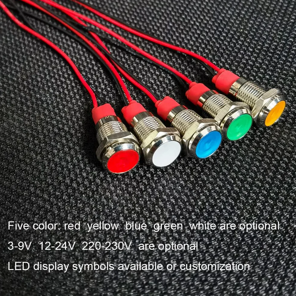 GUUZI 10mm Lampka Kontrolna LED 12-24V Wodoodporna Lampka Sygnalizacyjna Panel Metalowy Wskaźnik LED Lampka Sygnalizacyjna Mocowanie Panelu Głowica Płaska z Przewodami Srebrny Skorupa(Niebieski,4szt)