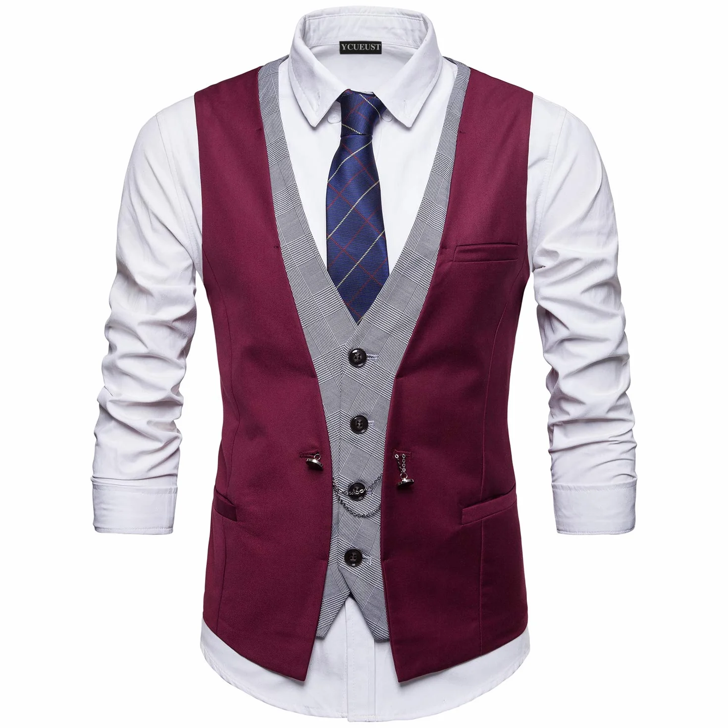 Męska kamizelka garniturowa Slim Fit Business Wedding w kratkę kamizelka garniturowa, czerwony, M