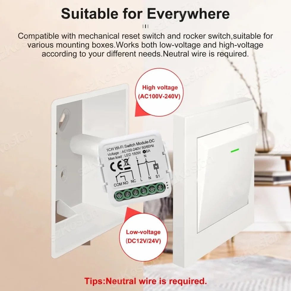 1 kanał DC12 V 24 V AC 100-240 V Tuya Smart Life app suchy kontakt WiFi Smart przekaźnik moduł przełączający, współpraca z Alexa Google Home