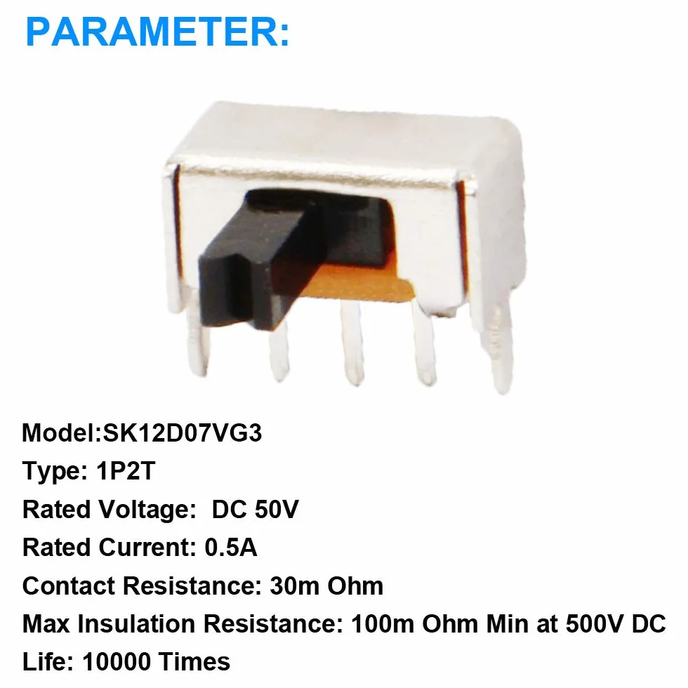 20 sztuk mini pionowych przełączników przesuwnych 1P2T SPDT 3 piny 2 pozycje DC50V 0,5A SS12F44 przełącznik z 20 sztukami 3 mm mini panel przełącznik przesuwny wł./wył. SK12D07VG3 przełącznik