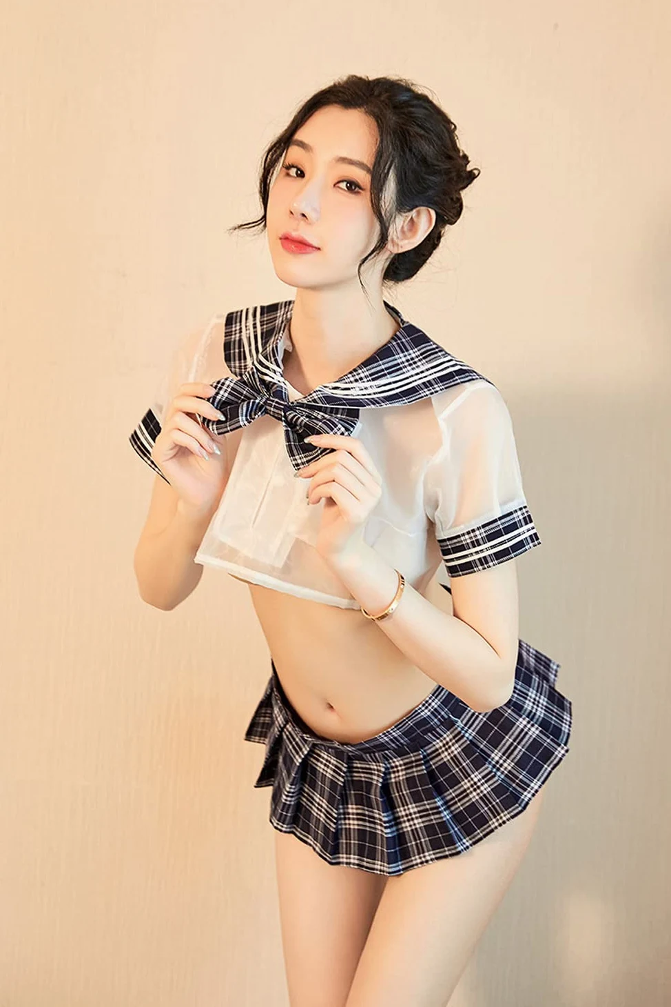 SINGUYUN Seksowna uczennica strój bielizna marynarz garnitur brytyjska plisowana spódnica w kratę, zestaw bielizny cosplay (2402biało-niebieski)