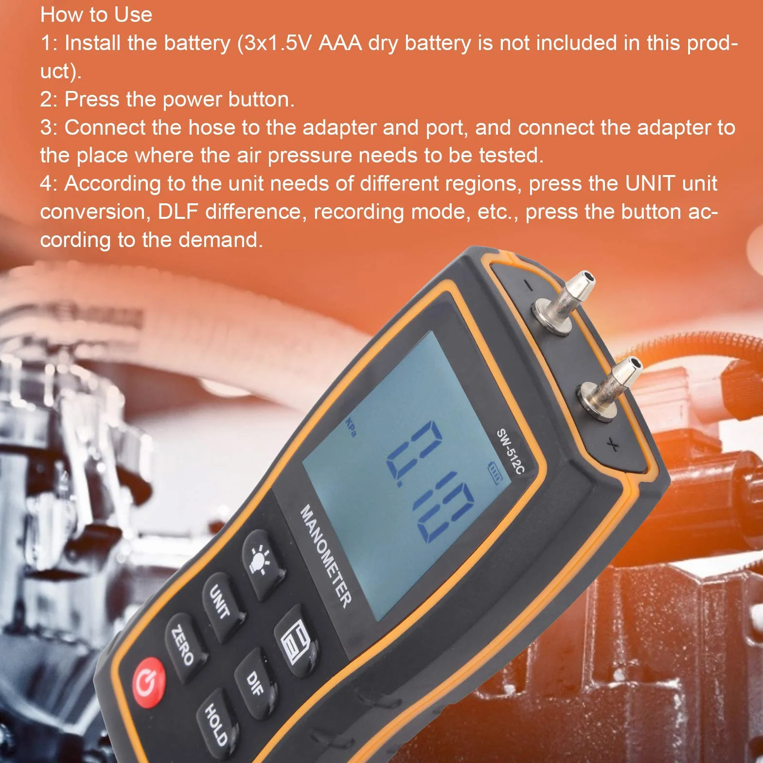 SW-512C Manometry różnicowe Manometry z wyświetlaczem cyfrowym Wysoka dokładność Tester ciśnienia gazu HVAC Ręczne barometry powietrza z szybkozłączem Torba na wąż