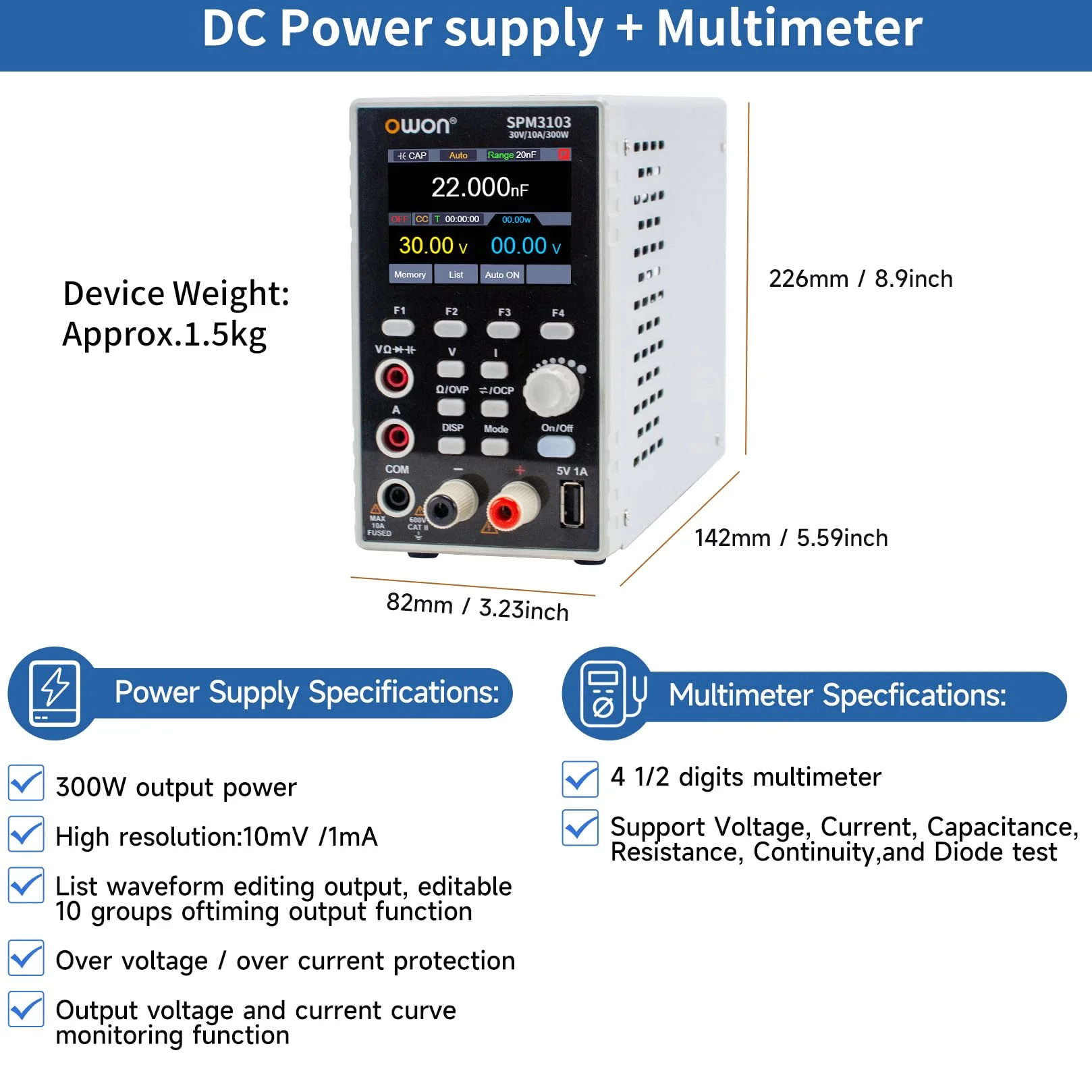 OWON SPM6103 Zasilacz laboratoryjny DC 300W 0-60V 0-10A 2 w 1 z multimetrem 2,8 cala LCD 4 1/2