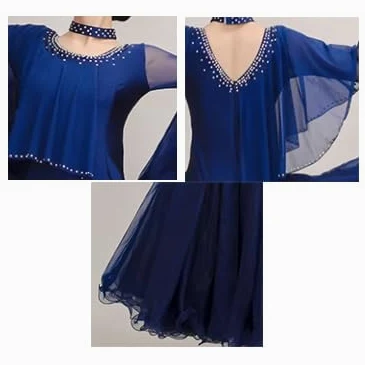 Rygglösa klänningar för sällskapsdans för kvinnor Långärmade vals danskläder Tango dansdräkt med strass Social dansoutfit med fantastisk tyllgunga