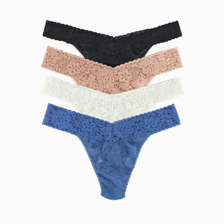 Hanky Panky Daily Lace Original Rise Thong damskie majtki z elastycznej koronki, zestaw 4 szt., stringi damskie z wysokim stanem, majtki damskie z bawełny i nylonu, bielizna do bielizny damskiej,