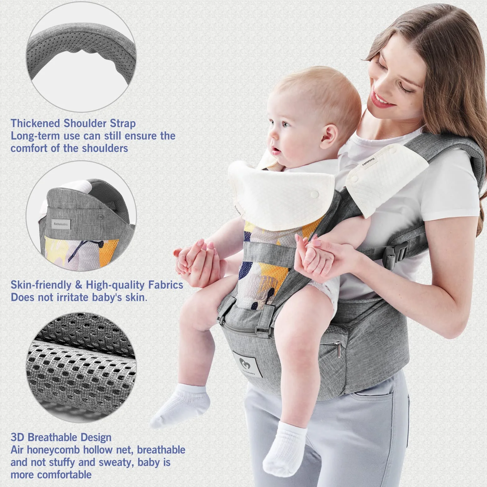 Bellababy Nosidełko dla niemowląt, all-in-one nosidełko dla noworodków od urodzenia, niemowląt i małych dzieci (0-36 miesięcy), regulowane siedzisko, torba do przenoszenia, 3 pozycje noszenia (kolor szary)
