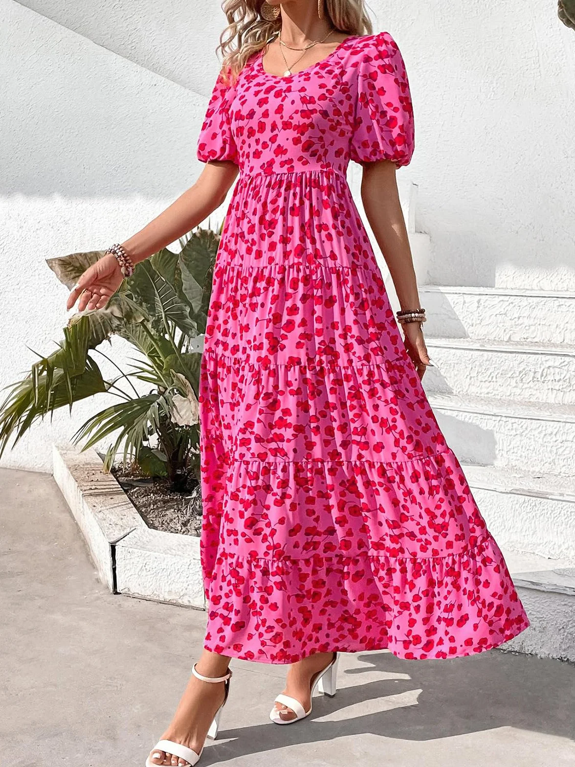 PRETTYGARDEN Womens Dresses Summer 2025 Puff Sleeve Plus Size Maxi Dress for Women Beach Vacation Flowy Long Sun Dress (Floral Rose Red,X-Large)