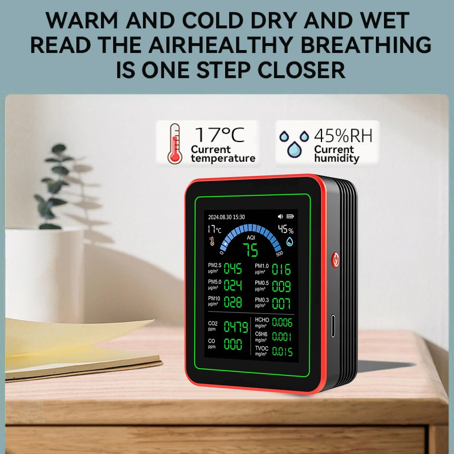 Miernik Jakości Powietrza 18 w 1 CO2 TVOC HCHO PM2.5 PM10 Temp Humid Detect Tester Wewnętrzny Zasilany Bateryjnie Przechowywanie Danych Czarny