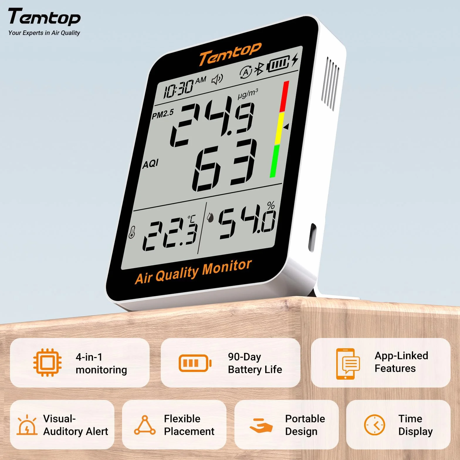 Temtop Monitor jakości powietrza, PM2.5, Bluetooth, termohigrometr, cyfrowy higrometr, do domu, biura, monitor wilgotności do sypialni, salonu, S1+