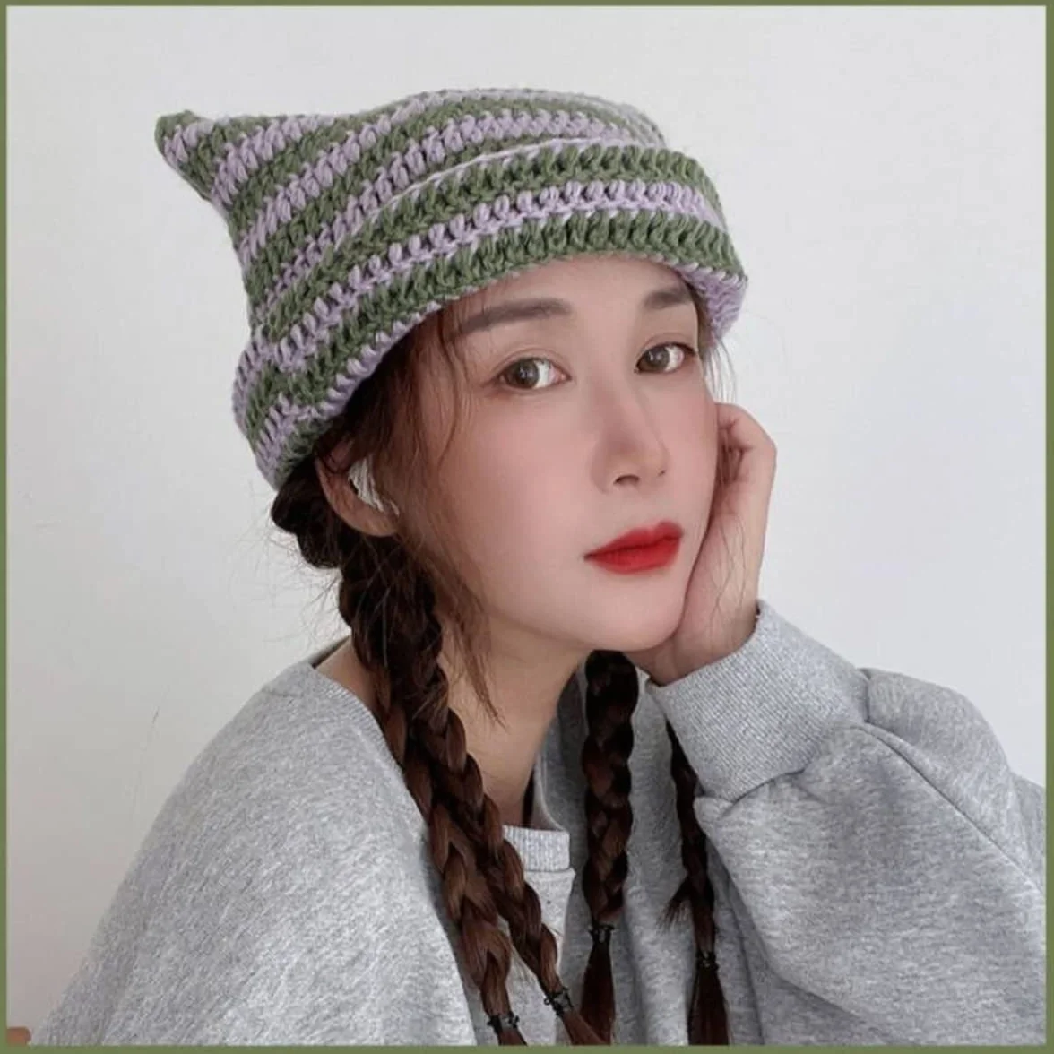 Fairy Grunge Beanie Y2K kot w kapeluszu w paski szydełkowany luźny kapelusz zimowy ciepły dzianinowy alternatywny nakrycie głowy akcesoria