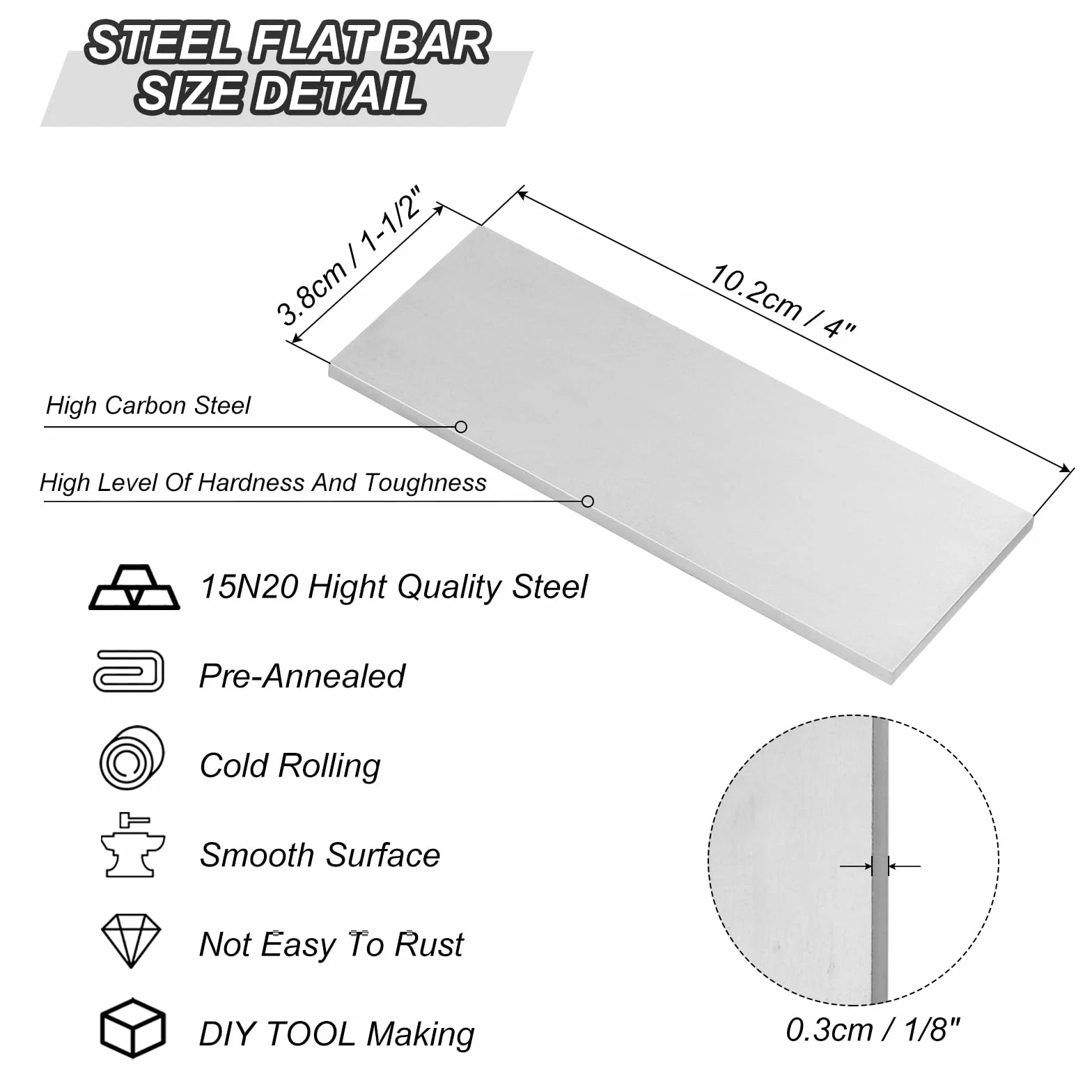 PATIKIL 15N20 stalowy płaski pręt, 10 cm x 1 1/5.1 cm x 1/20.3 cm nóż do produkcji stali żelaznej do kucia ostrza nóż miecz rozdrabniacz
