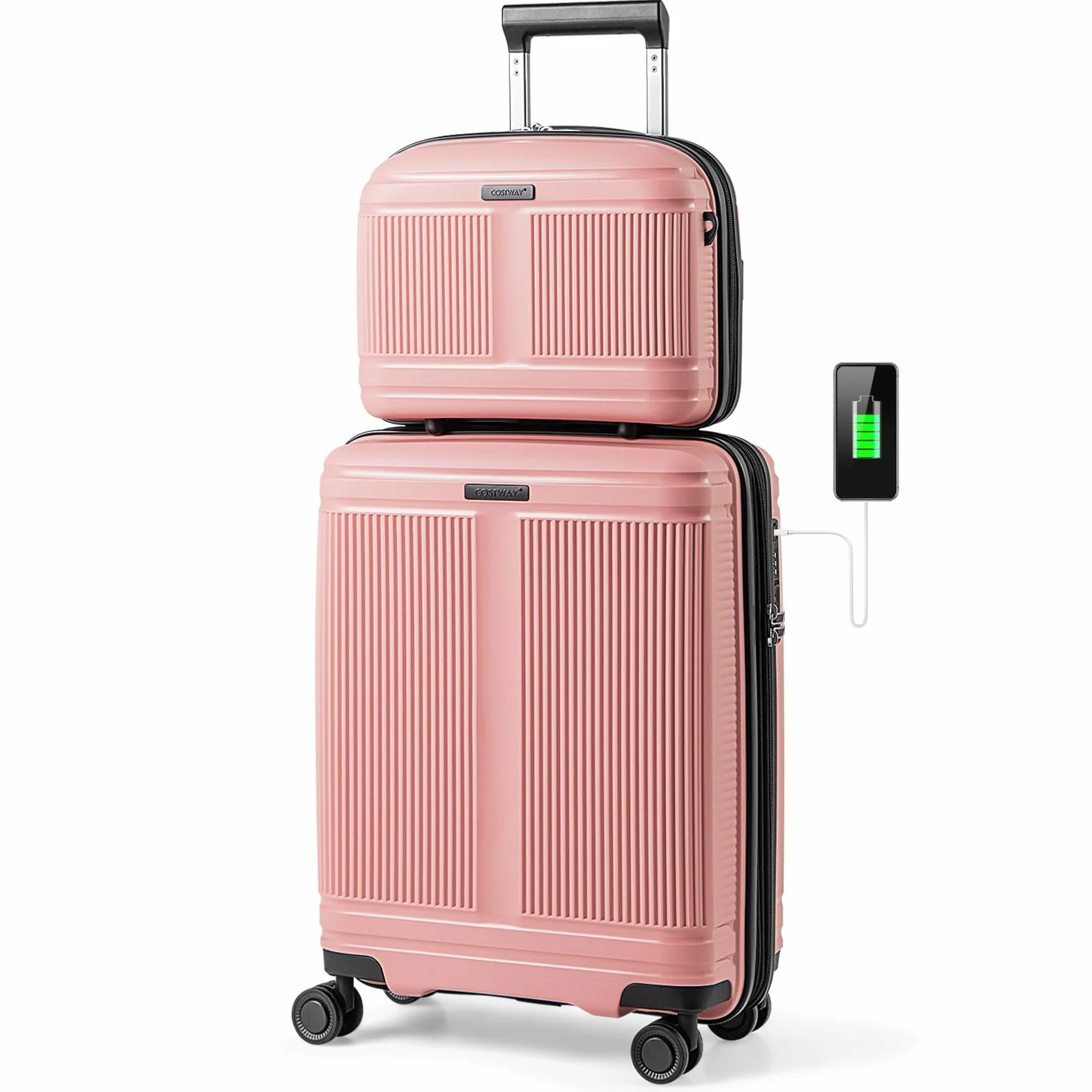 COSTWAY Zestaw bagażu 2-częściowy walizka podręczna 14" z zamkiem TSA port USB różowy 14" + 20"