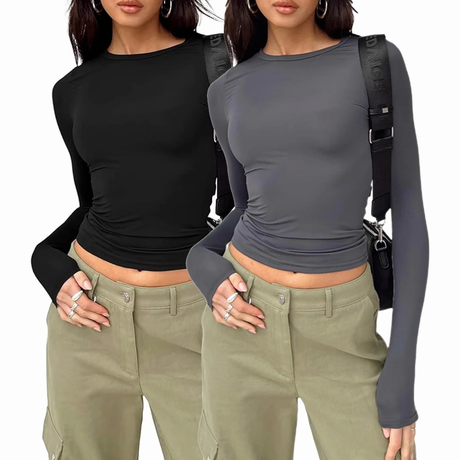 flintronic Koszulka z długim rękawem Slim Fit damska z długim rękawem Crop Top Y2K Slim, jednokolorowa koszulka basic crop tops, krój na co dzień, okrągły dekolt