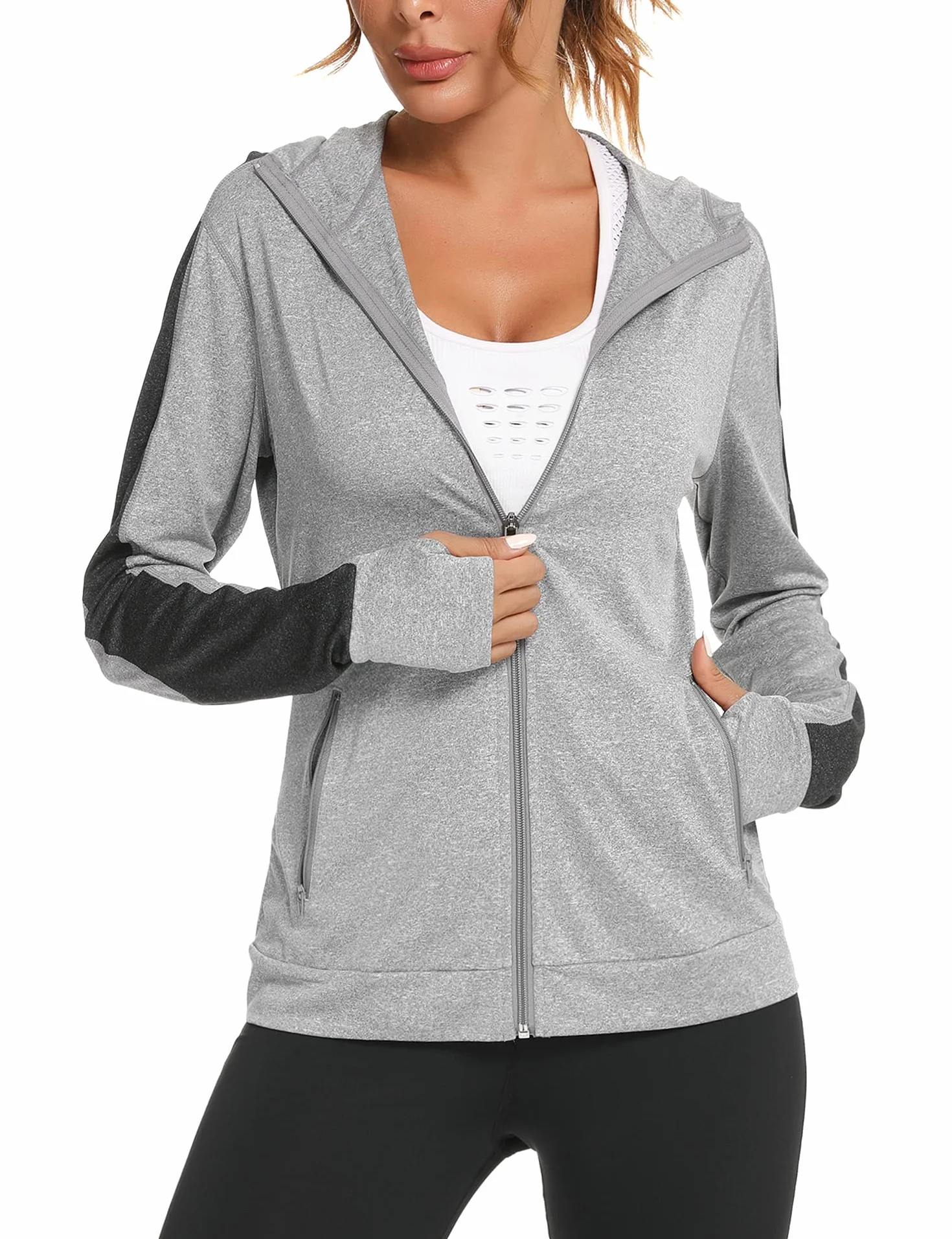 Damska kurtka do biegania, sportowa kurtka z długim rękawem, kurtka treningowa, bluza z kapturem, oddychająca, z otworem na kciuk i kieszenią, do biegania, jogi, fitnessu, szary, M