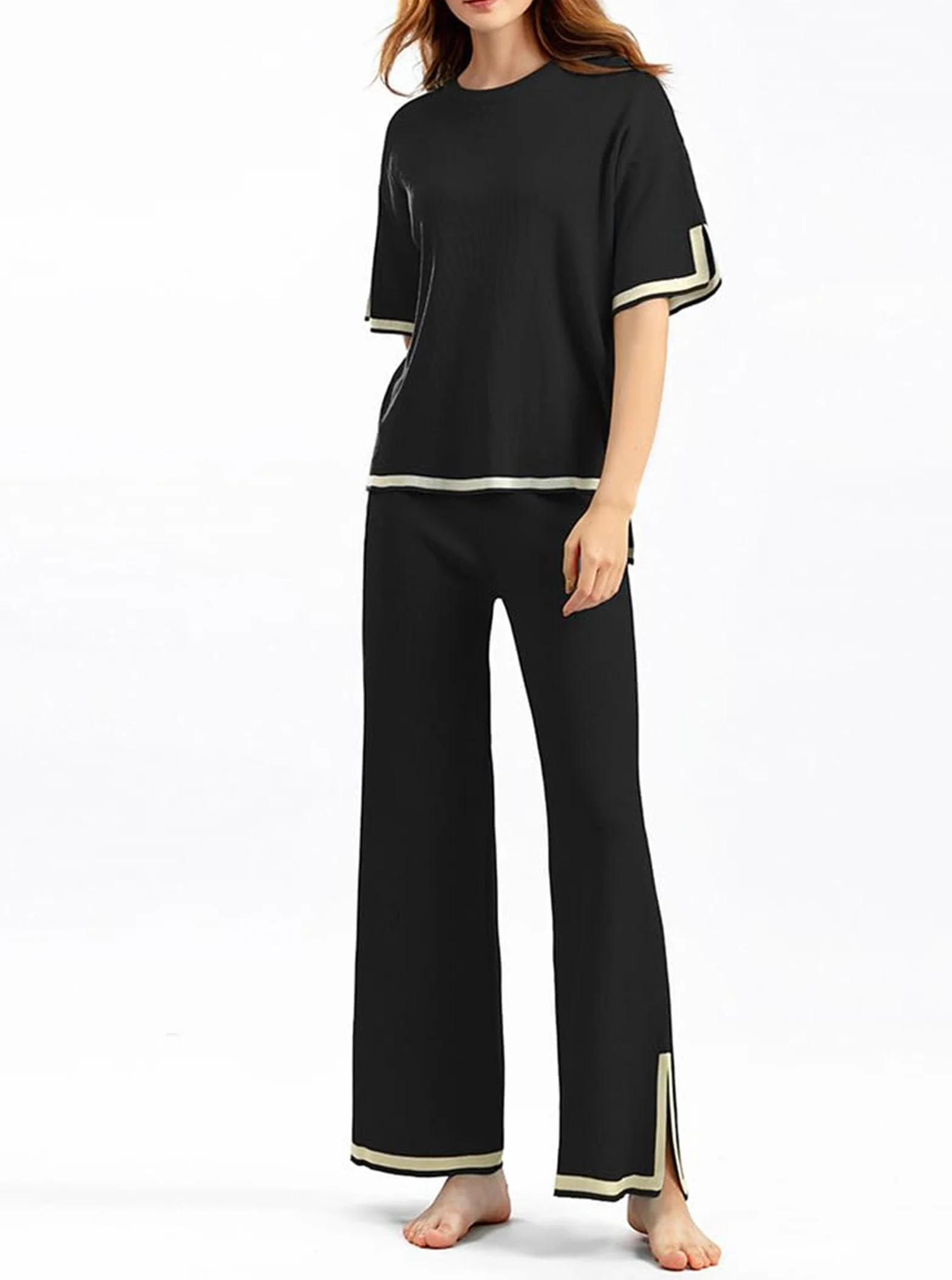 Womens Knit 2 Piece Sweater Sets Lounge Sets Silk Feel Oversized Casual Short Sleeve Knit Pullover Tops Wide Leg Pants Tracksuit Homewear Elegant Trousers Sets,006,M