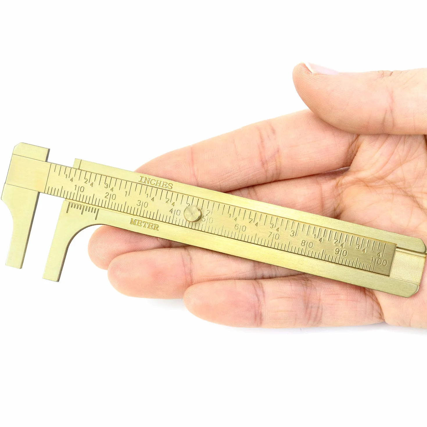 QWORK® 4 "/ 10cm suwmiarka mosiężna, podwójna linijka suwakowa z mosiądzu Poręczne narzędzie pomiarowe z miernikiem, mm/cale mini mosiężna linijka kieszonkowa