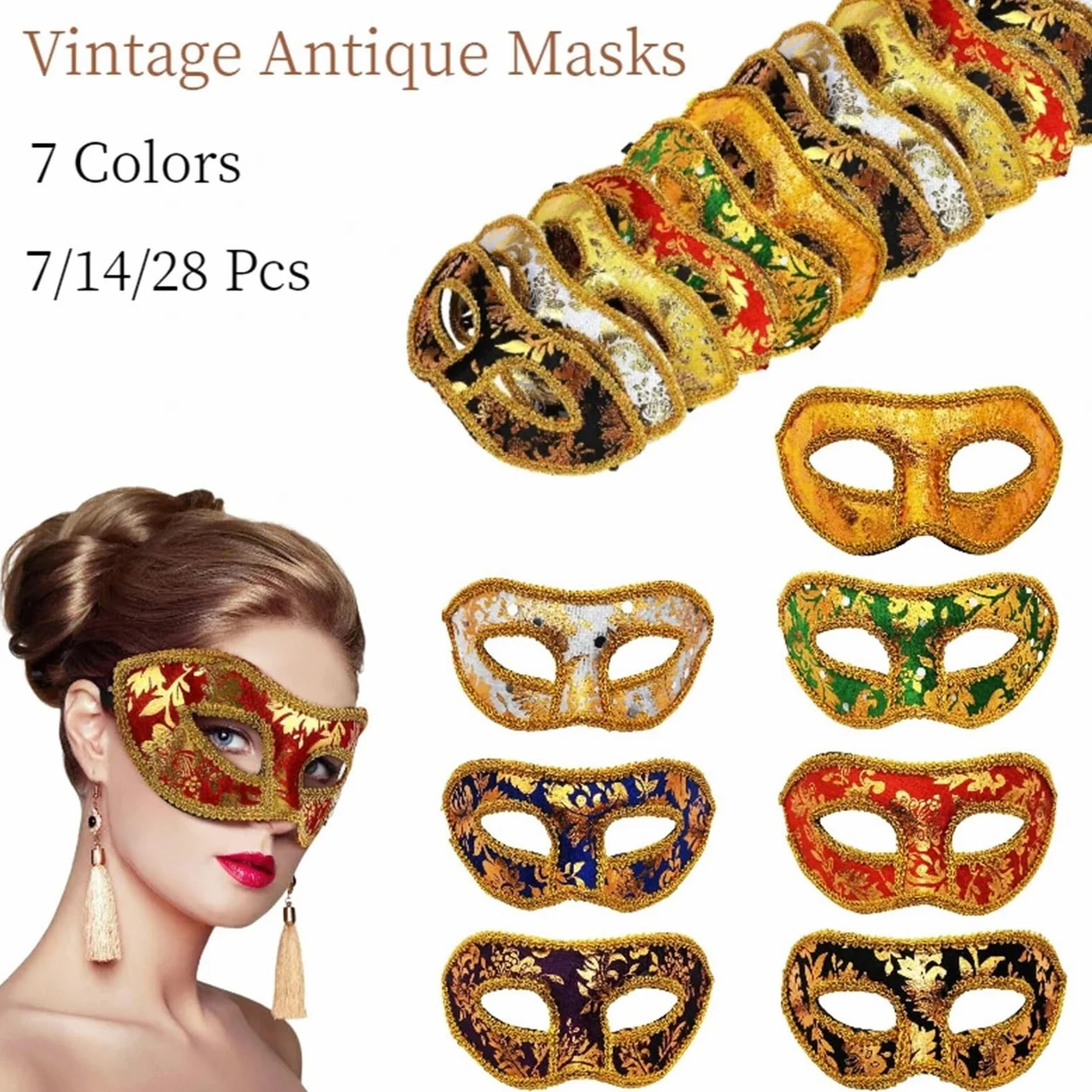 Maski balu kostiumowego, Damska maska ​​na bal maskowy w stylu vintage, na imprezę, pół twarzy, opakowanie 7 sztuk