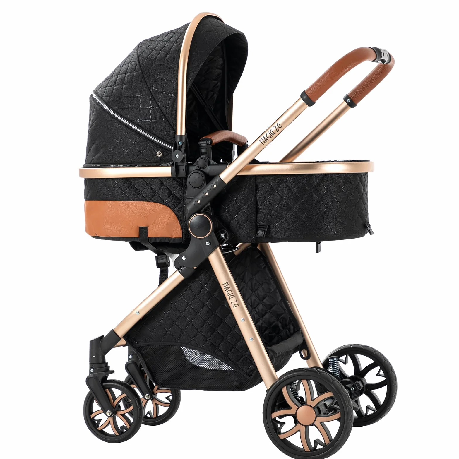 MoLi Trio, wózek dziecięcy 3 w 1, podwójny tryb push, duża gondola dla niemowląt, składany aluminiowy wózek (225 Black Gold)