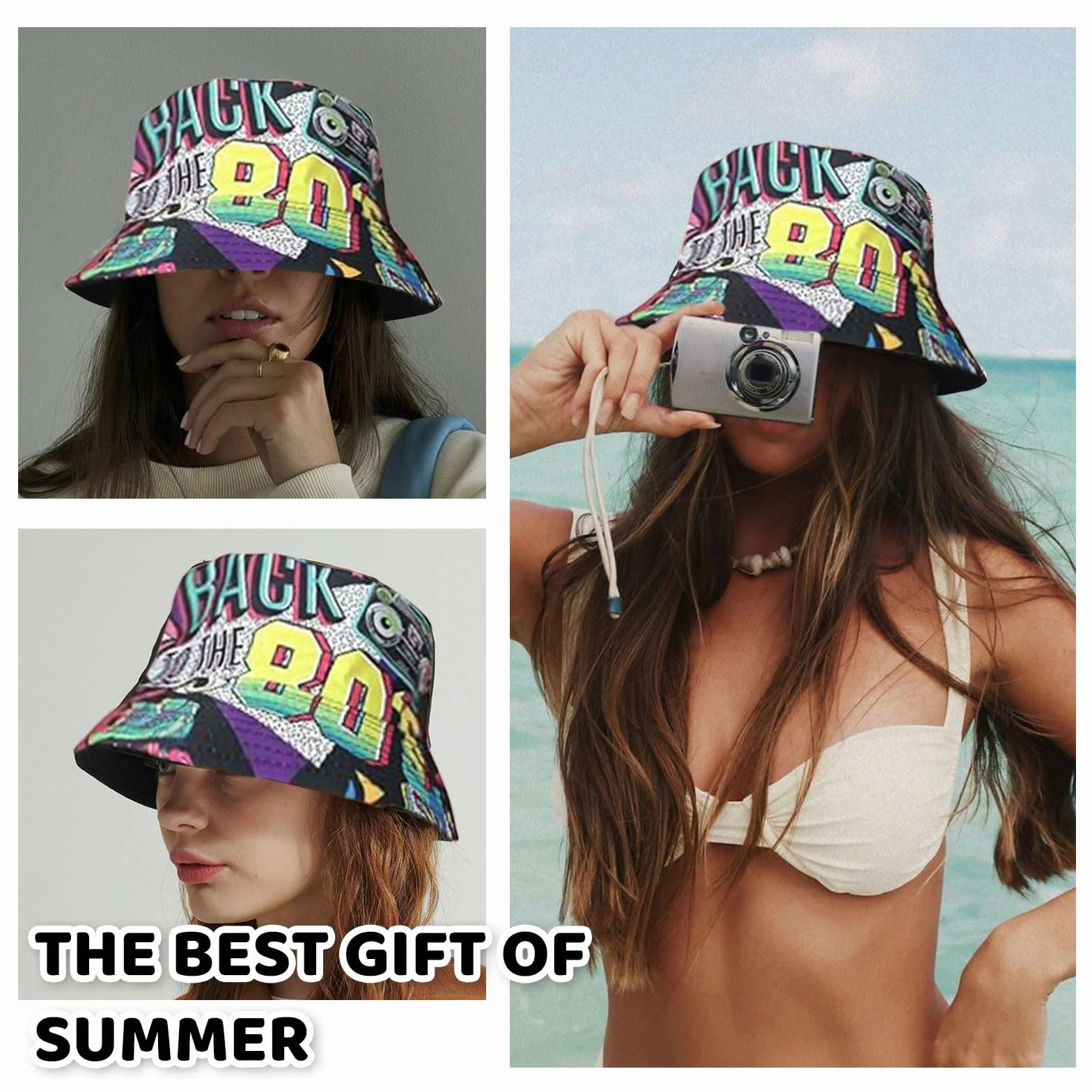 BelleVive Kapelusz typu bucket retro lata 80. 90. modny unisex dwustronny kapelusz rybacki dwustronny kapelusz przeciwsłoneczny pakowalna czapka przeciwsłoneczna lata 90. 80. akcesoria dla kobiet