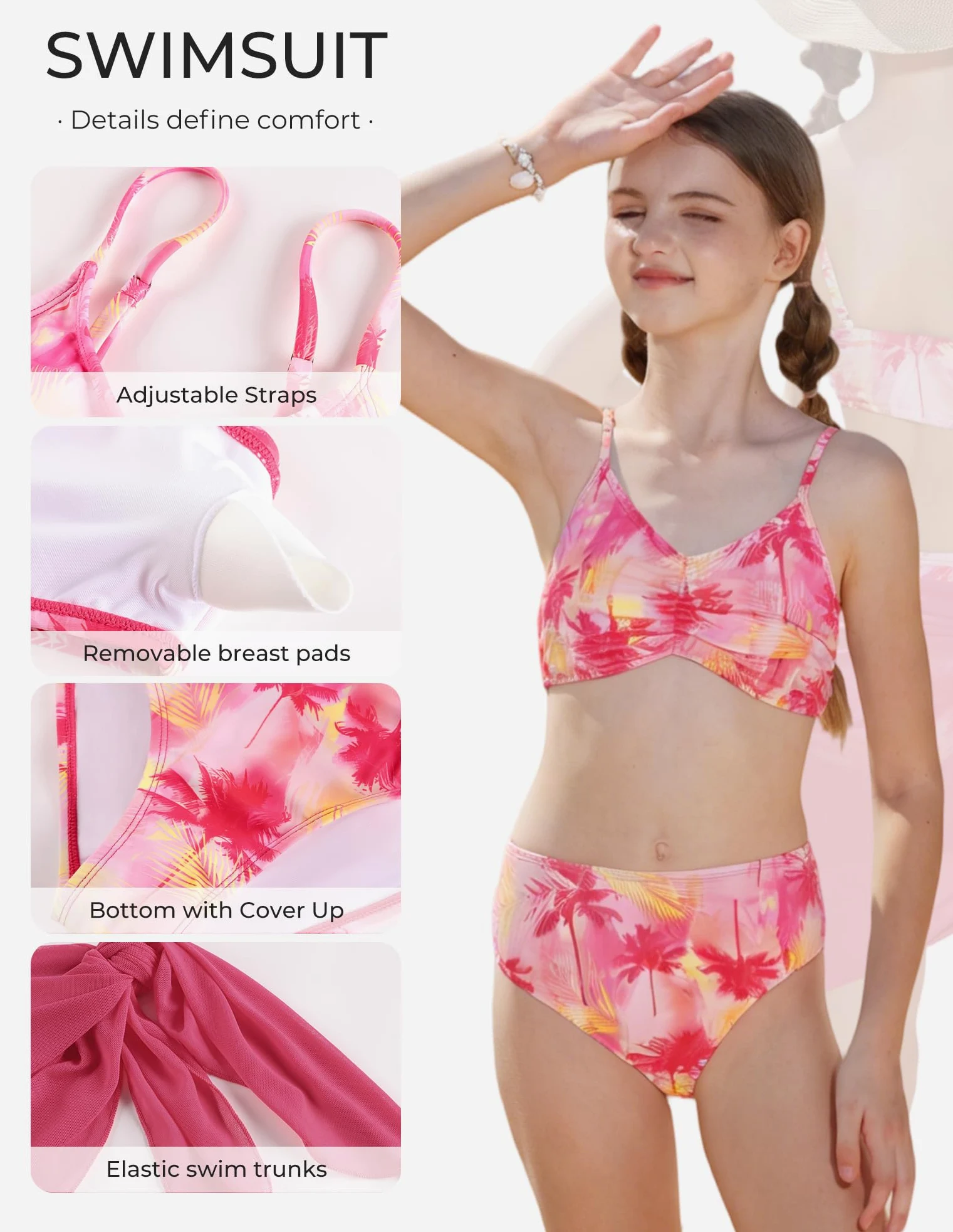 GRACE KARIN Strój kąpielowy dla dziewcząt, 3-częściowy zestaw z górną częścią bikini, kąpielówkami i sarongiem, do pływania i sportów wodnych