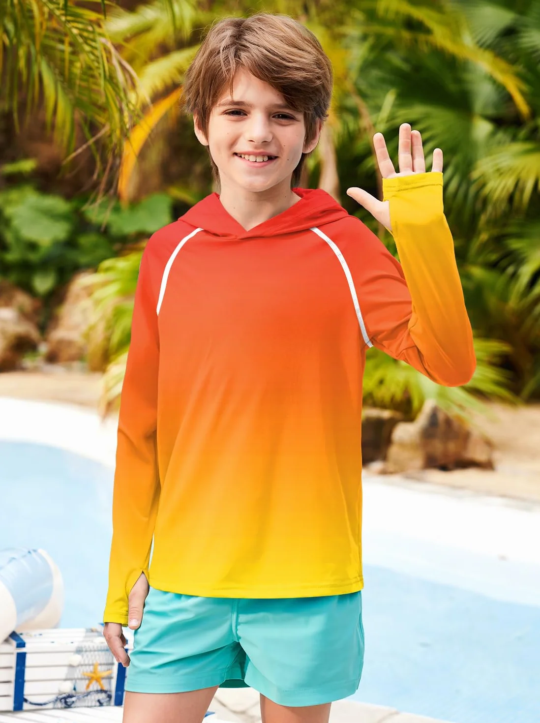 BesserBay Koszulka chłopięca UV z długim rękawem z kapturem UPF50+ Rashguard dzieci 120-160