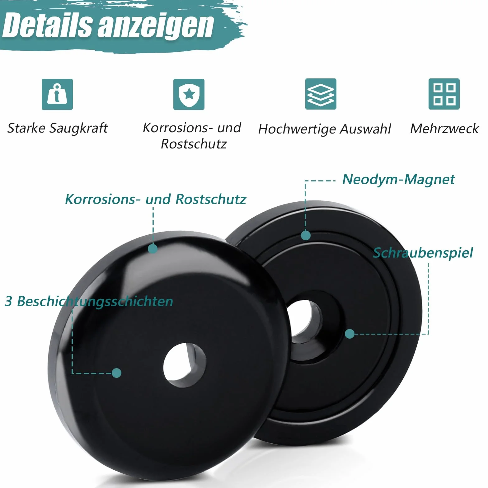 Magnesy neodymowe, mocne, 25 x 7 mm, czarne, bardzo mocne 30 kg, z otworem i kapsułką, do kuchni, łazienki, biura, magazynu, 6 sztuk