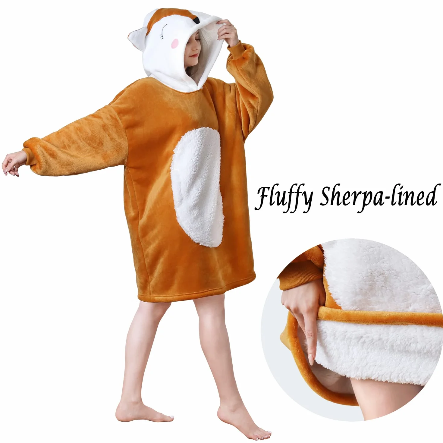Bluza z kapturem z motywem lisa, ponadwymiarowa bluza Sherpa wygodna bluza dla dorosłych kobiet dziewcząt, ciepły przytulny zwierzęcy koc z kapturem pomarańczowy