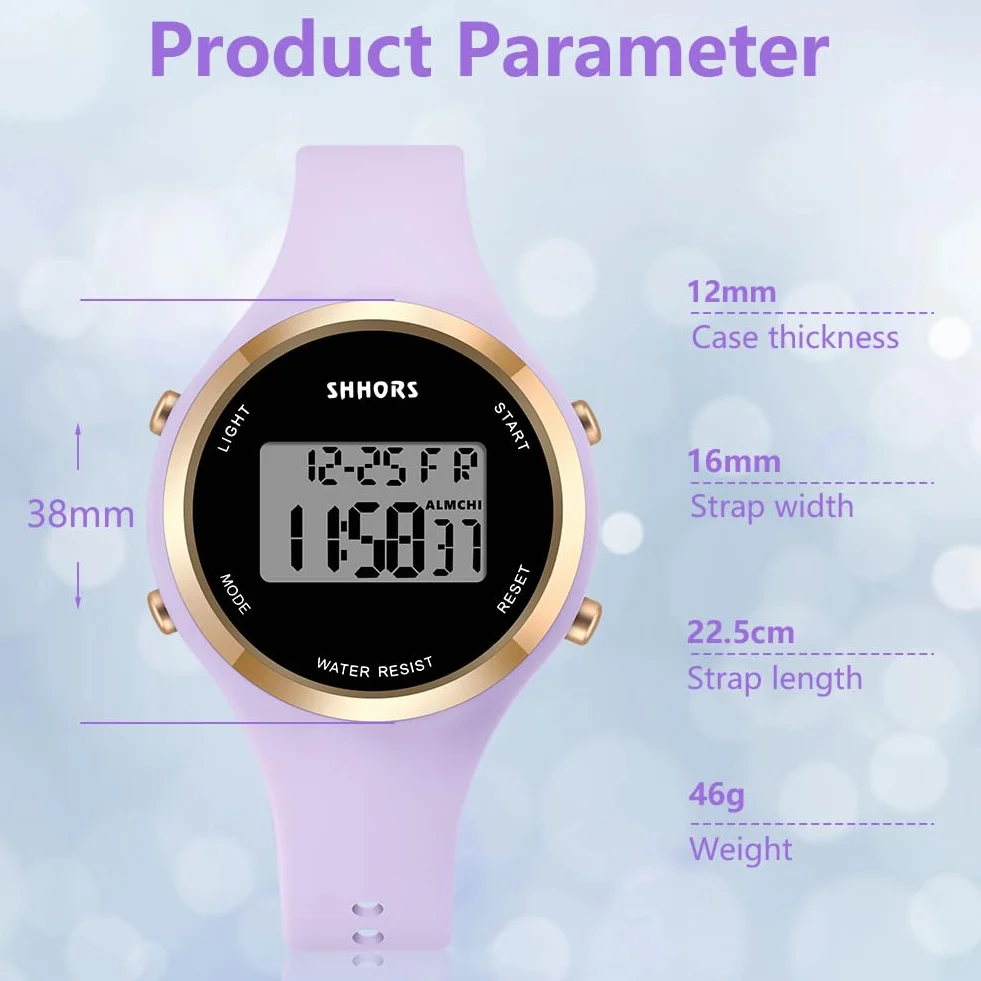 Cyfrowy zegarek damski sportowy z silikonowym paskiem LED alarm stoper