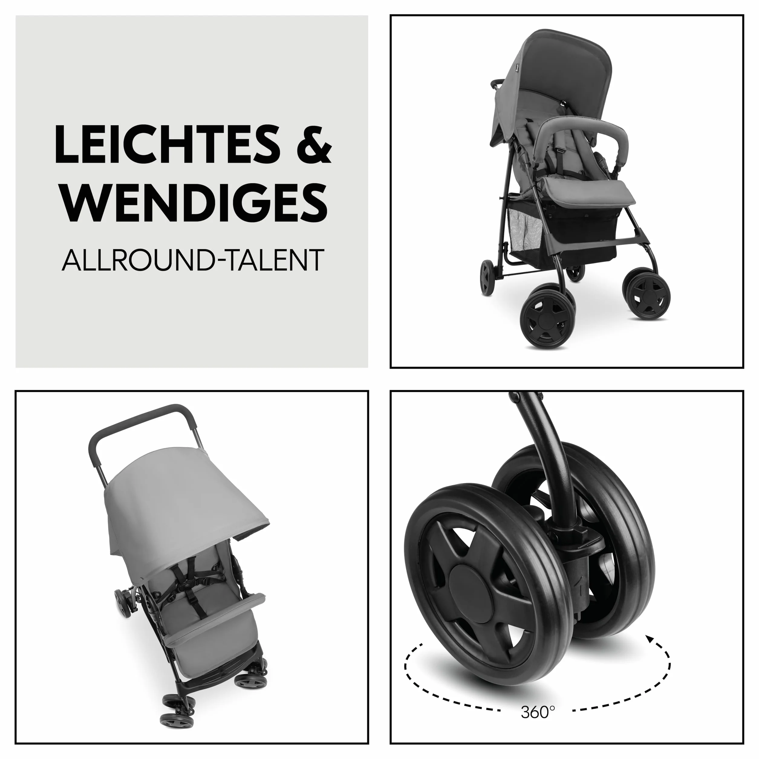 hauck Buggy Sport, Grey - lekki jak piórko wózek podróżny, 5,9 kg, z funkcją leżenia dla dzieci od urodzenia do 15 kg, mały, składany, duży kosz na zakupy do 3 kg