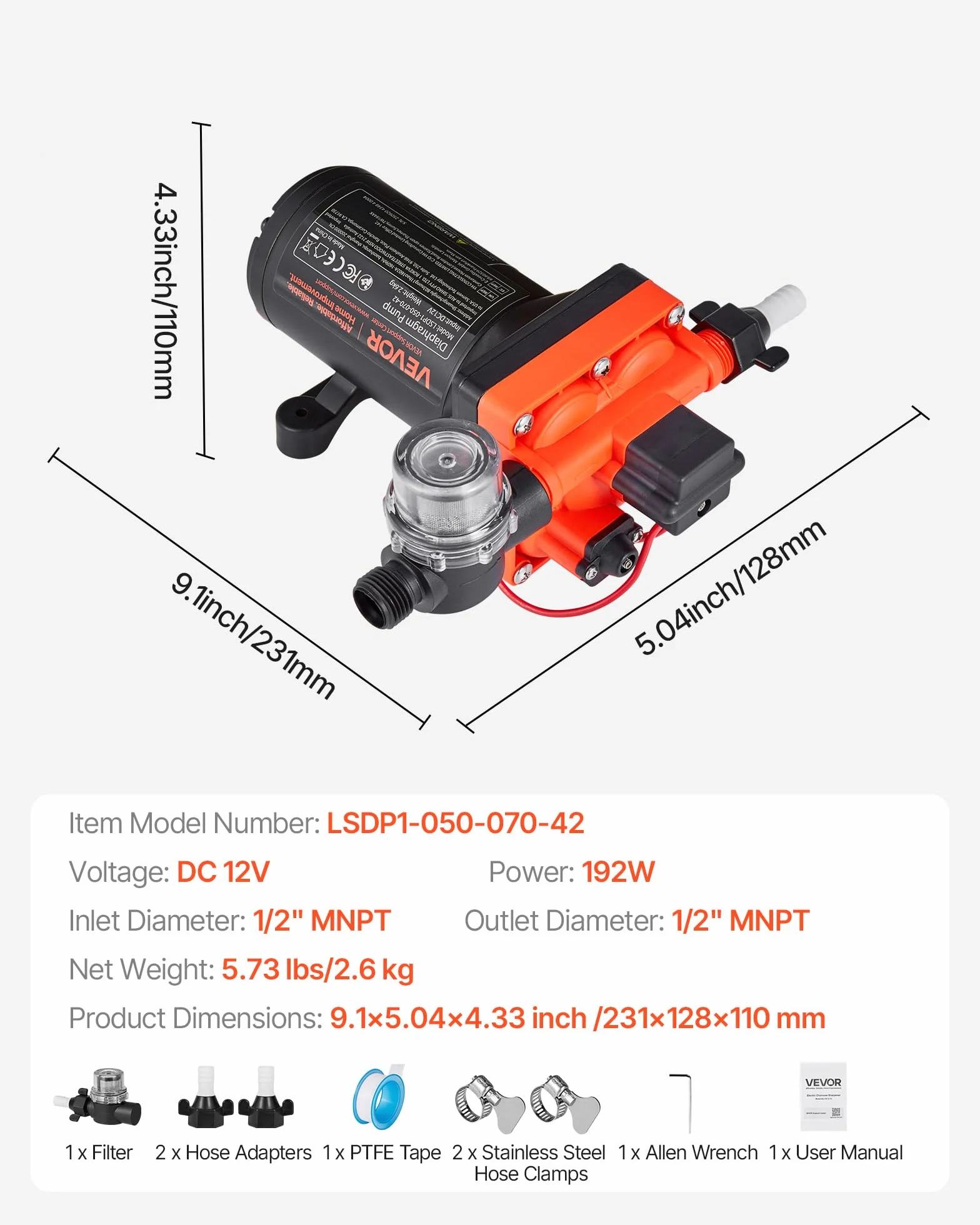 VEVOR Pompa membranowa, 12 V DC, 18,9 l/min, samozasysająca 4-komorowa pompa wodna z automatycznym przełącznikiem ciśnieniowym, ciśnienie 4,8 bar, do przyczep kempingowych, statków, jachtów, myjni