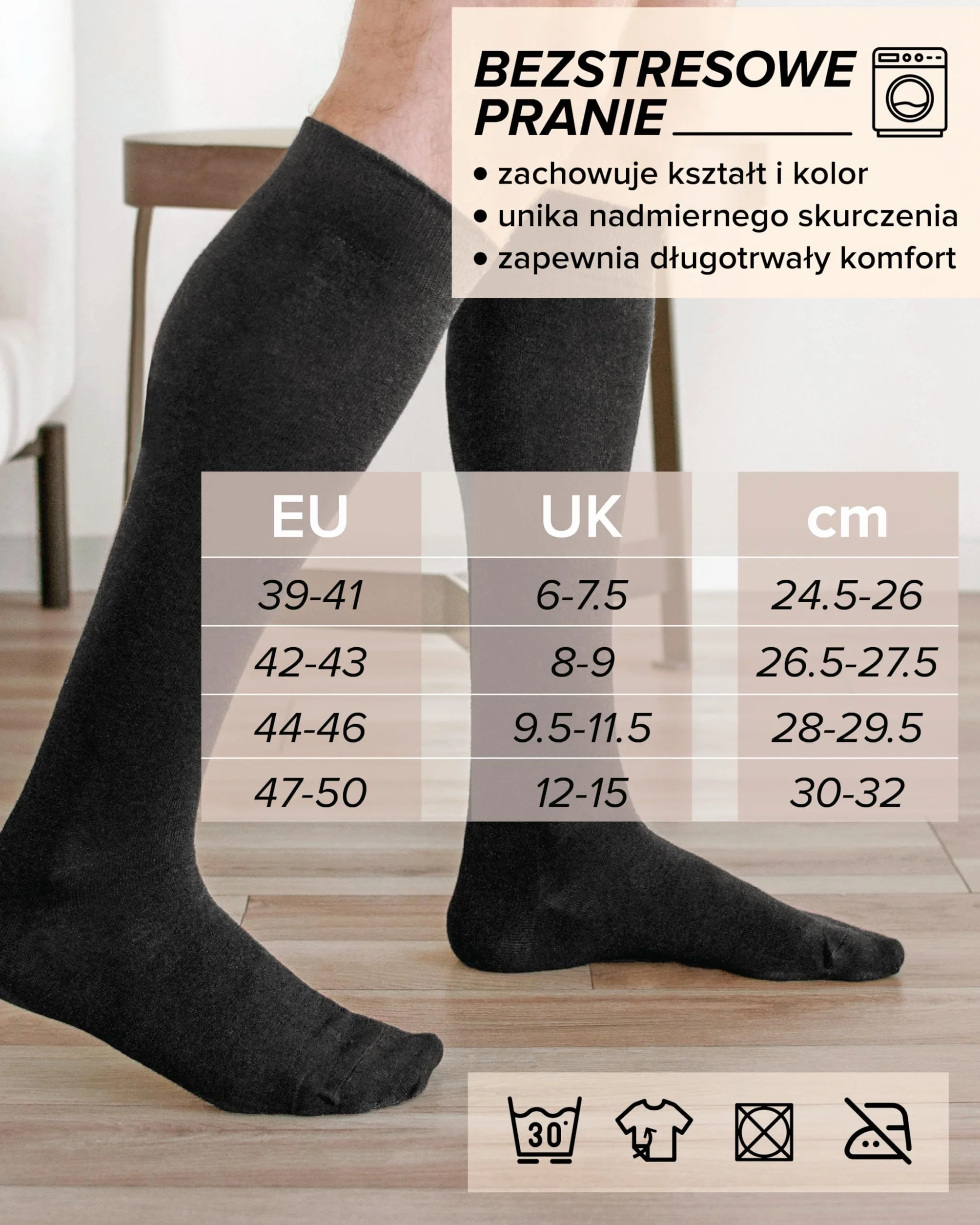 VITSOCKS Podkolanówki z WEŁNY MERINO 80% Męskie Ciepłe na Zimę Wysokie Skarpetki do Kolan