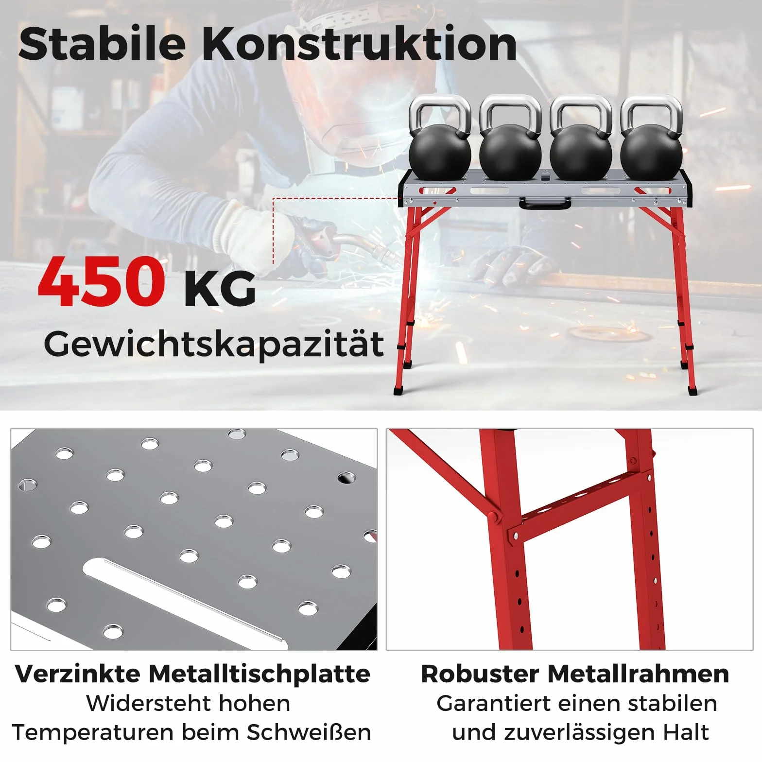 COSTWAY stół warsztatowy składany, stół roboczy z regulacją wysokości 107 x 53 cm z udźwigiem 450 kg, stół spawalniczy warsztatowy z 2 uchwytami zaciskowymi i uchwytem transportowym, stół narzędziowy