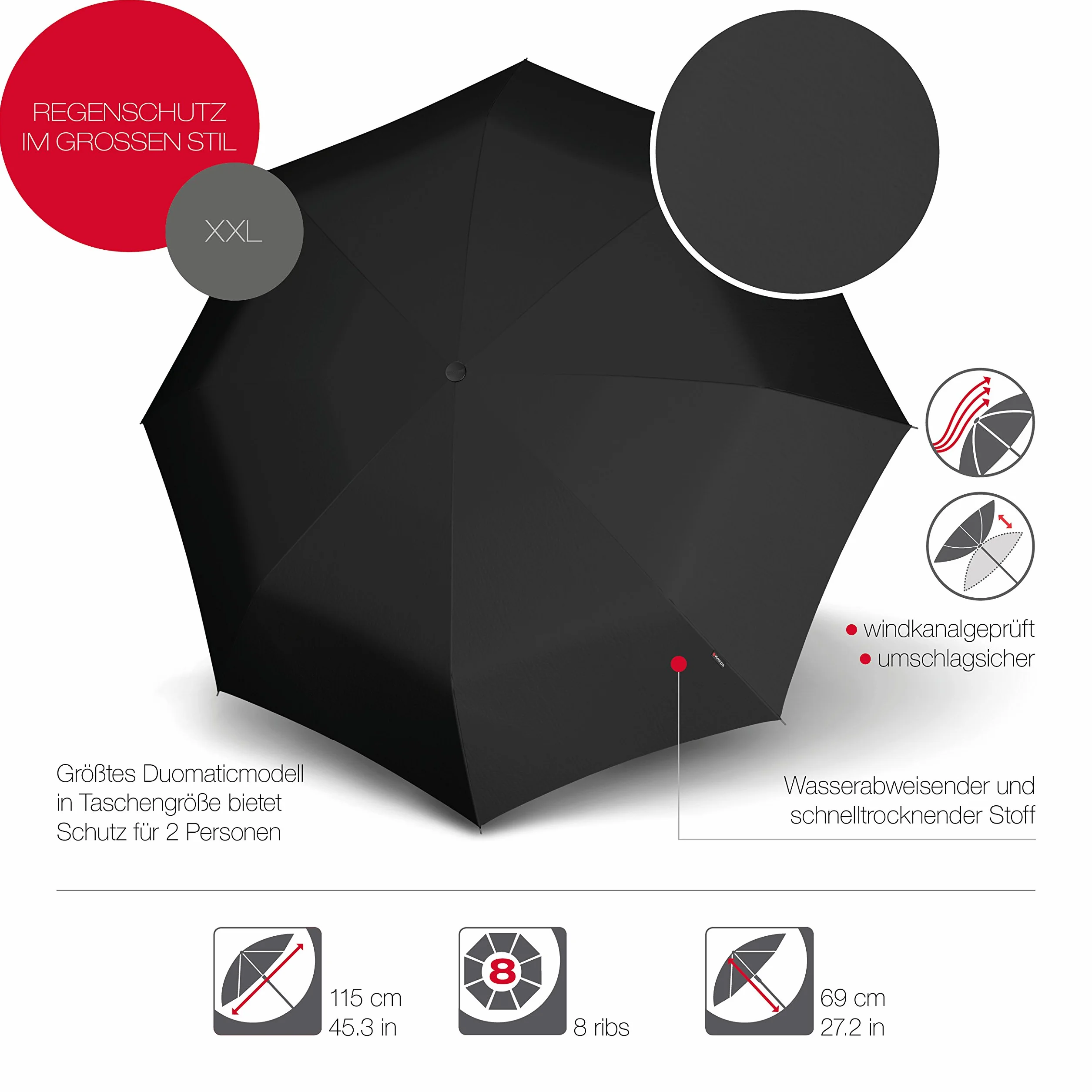 Knirps T.400 Duomatic parasol kieszonkowy, automatyczne otwieranie i zamykanie, odporny na burzę, wiatroszczelny, czarny, 36 cm, parasol
