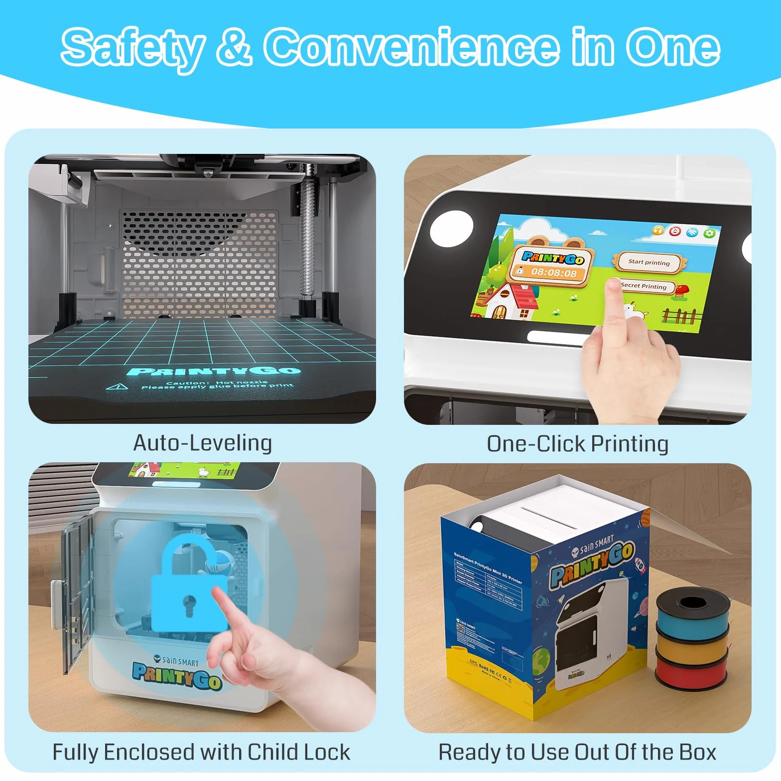 Drukarka 3D PrintyGo Mini dla dzieci, drukarka z automatycznym poziomowaniem 600 mm/s dla początkujących, bezpieczna dla dzieci konstrukcja, sterowanie przez Wi-Fi/aplikację, prezent do nauki STEM
